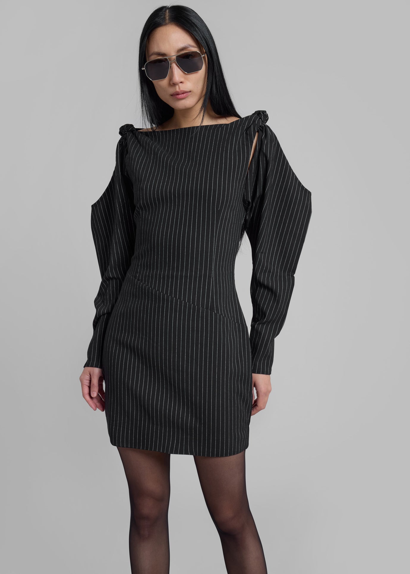 Rotate Stretchy Knotted Dress - Black Pinstripe