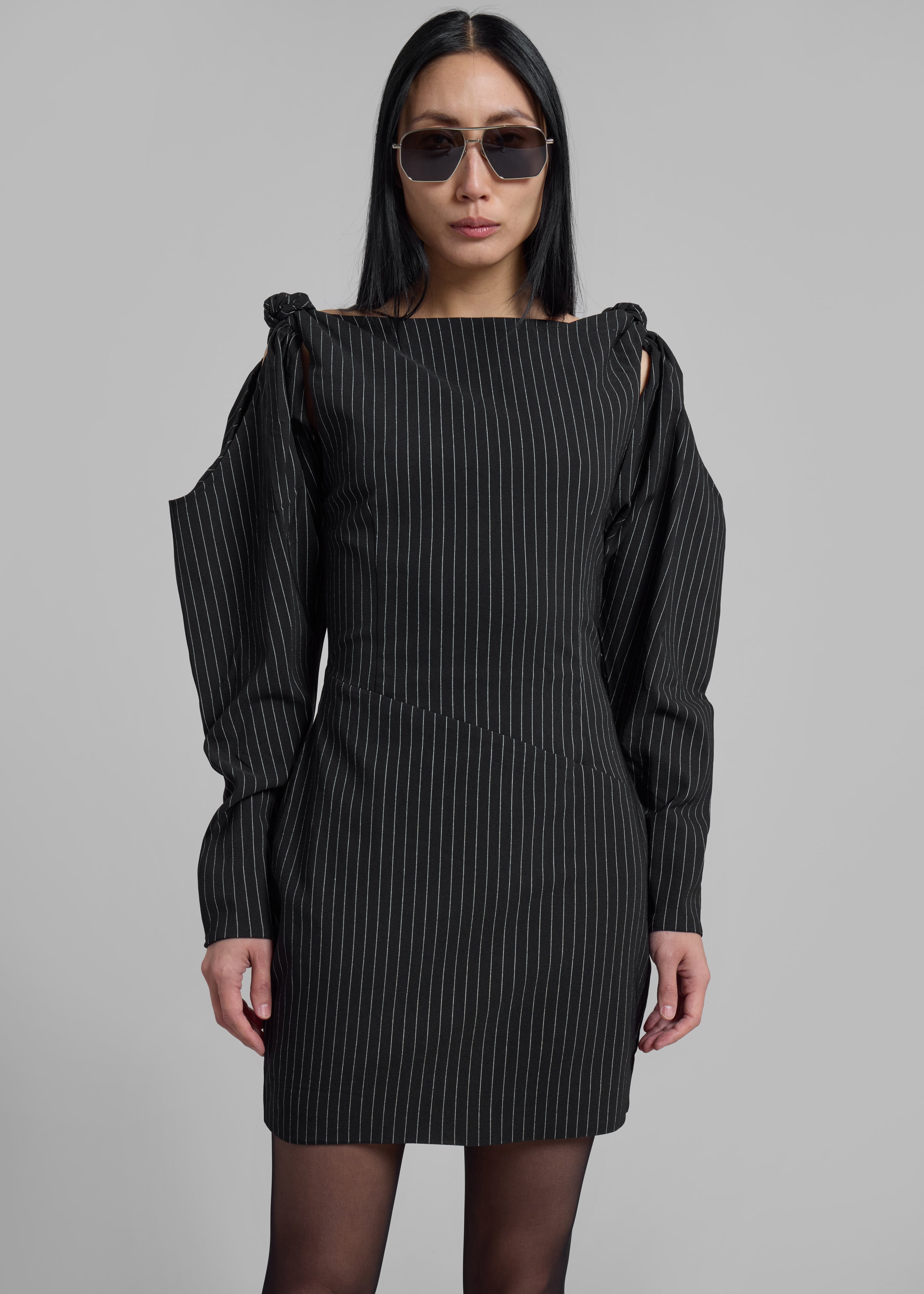 Rotate Stretchy Knotted Dress - Black Pinstripe - 6