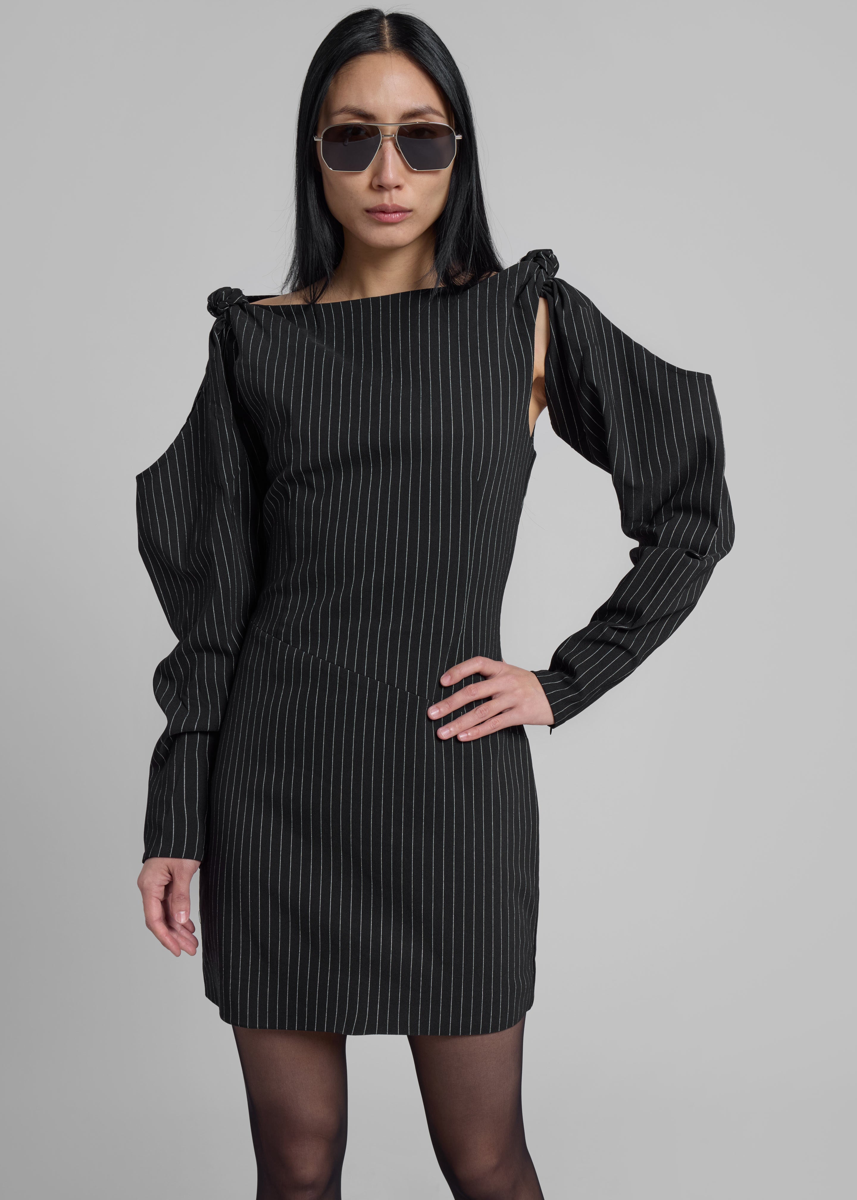 Rotate Stretchy Knotted Dress - Black Pinstripe - 4