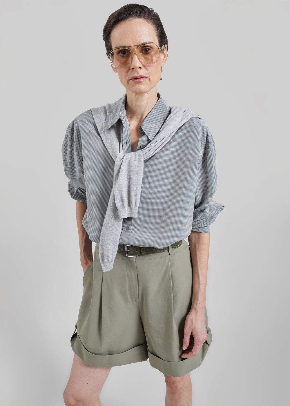 Rozane Pleated Cuff Shorts - Olive - 1