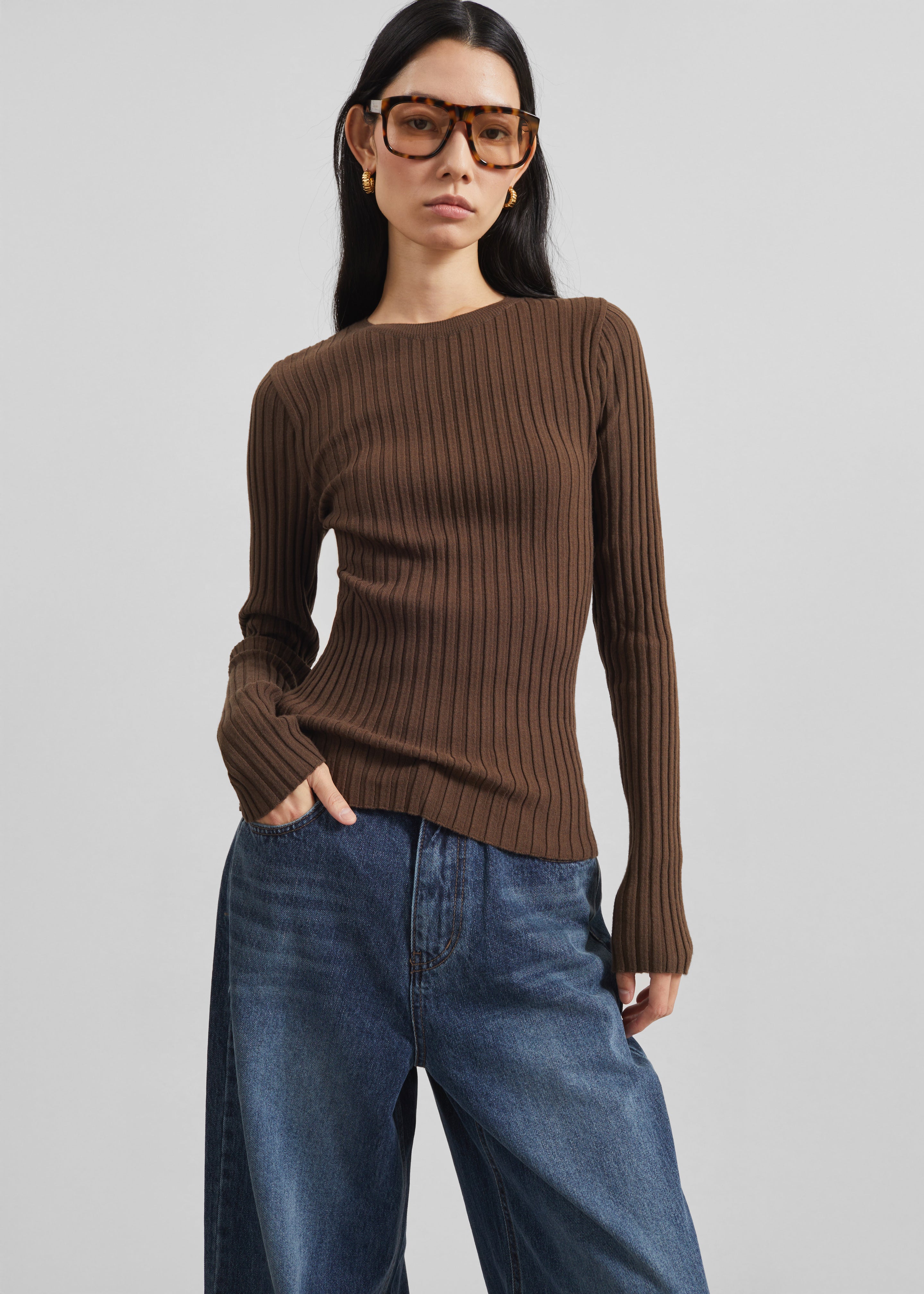 Ruan Ribbed Knit Top - Brown - 1
