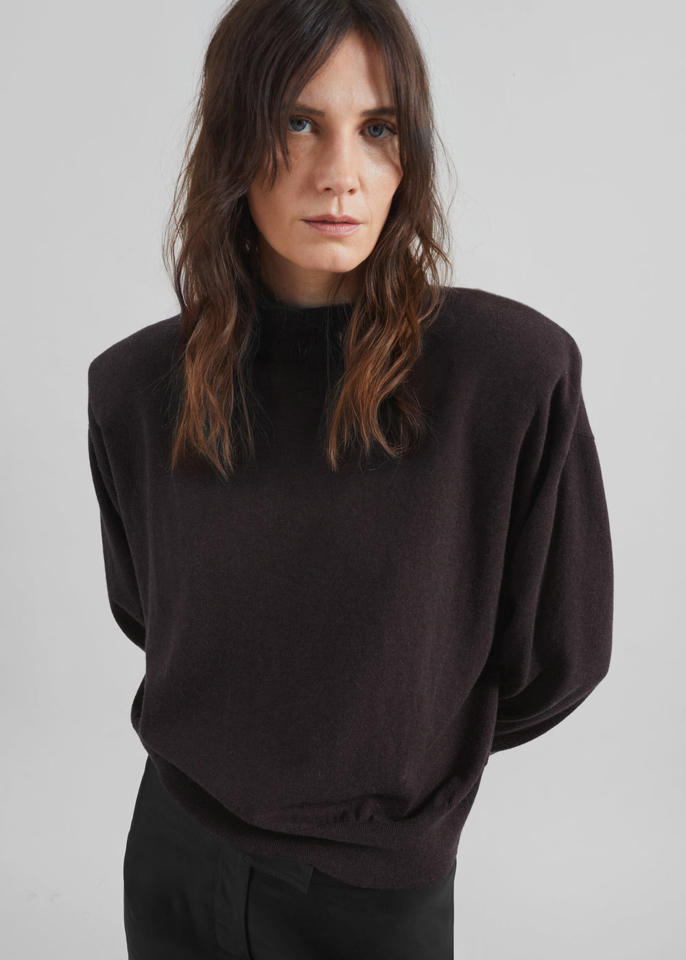 Rue Padded High Neck Sweater - Brown - 1