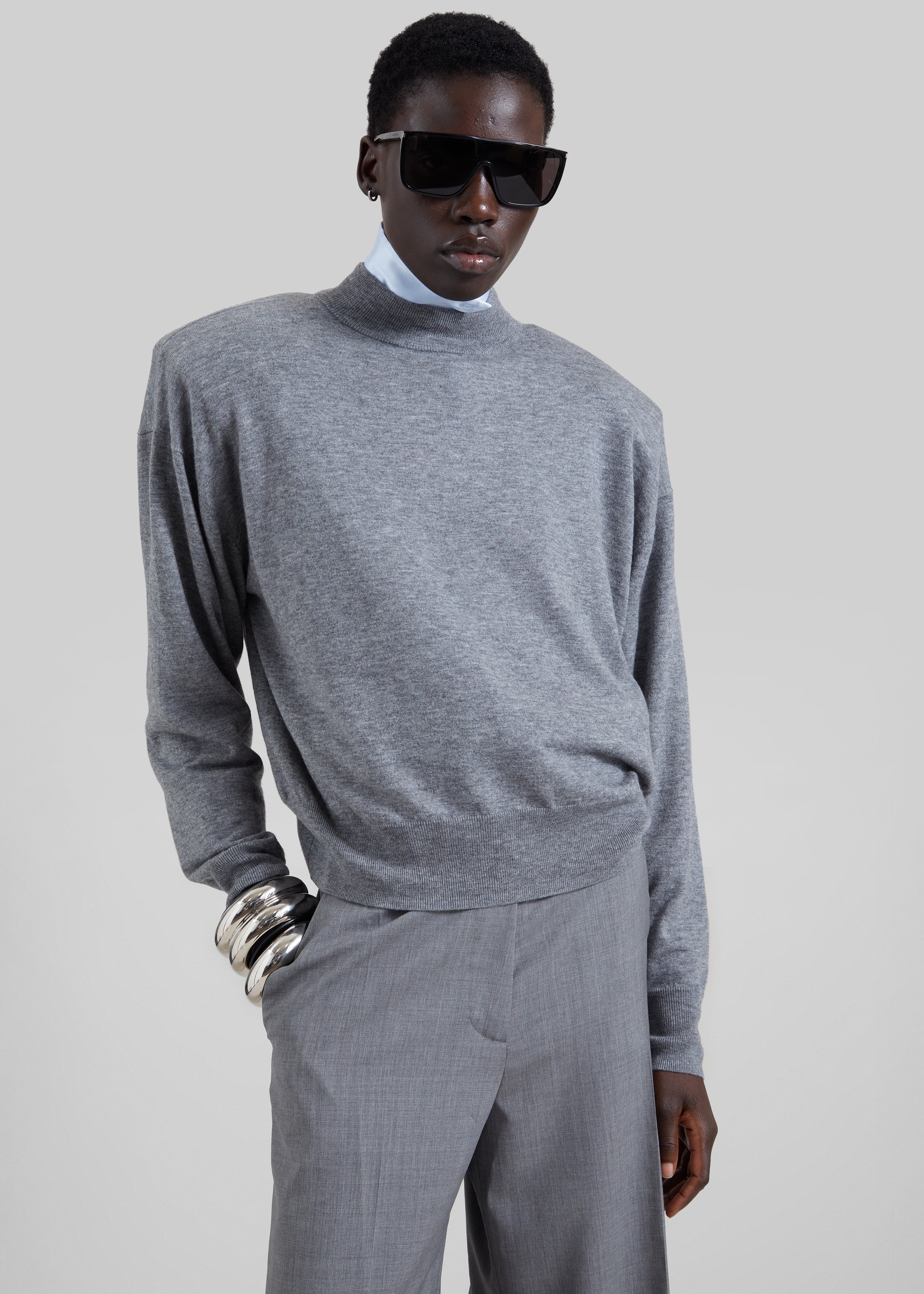 Rue Padded High Neck Sweater - Grey Melange - 8