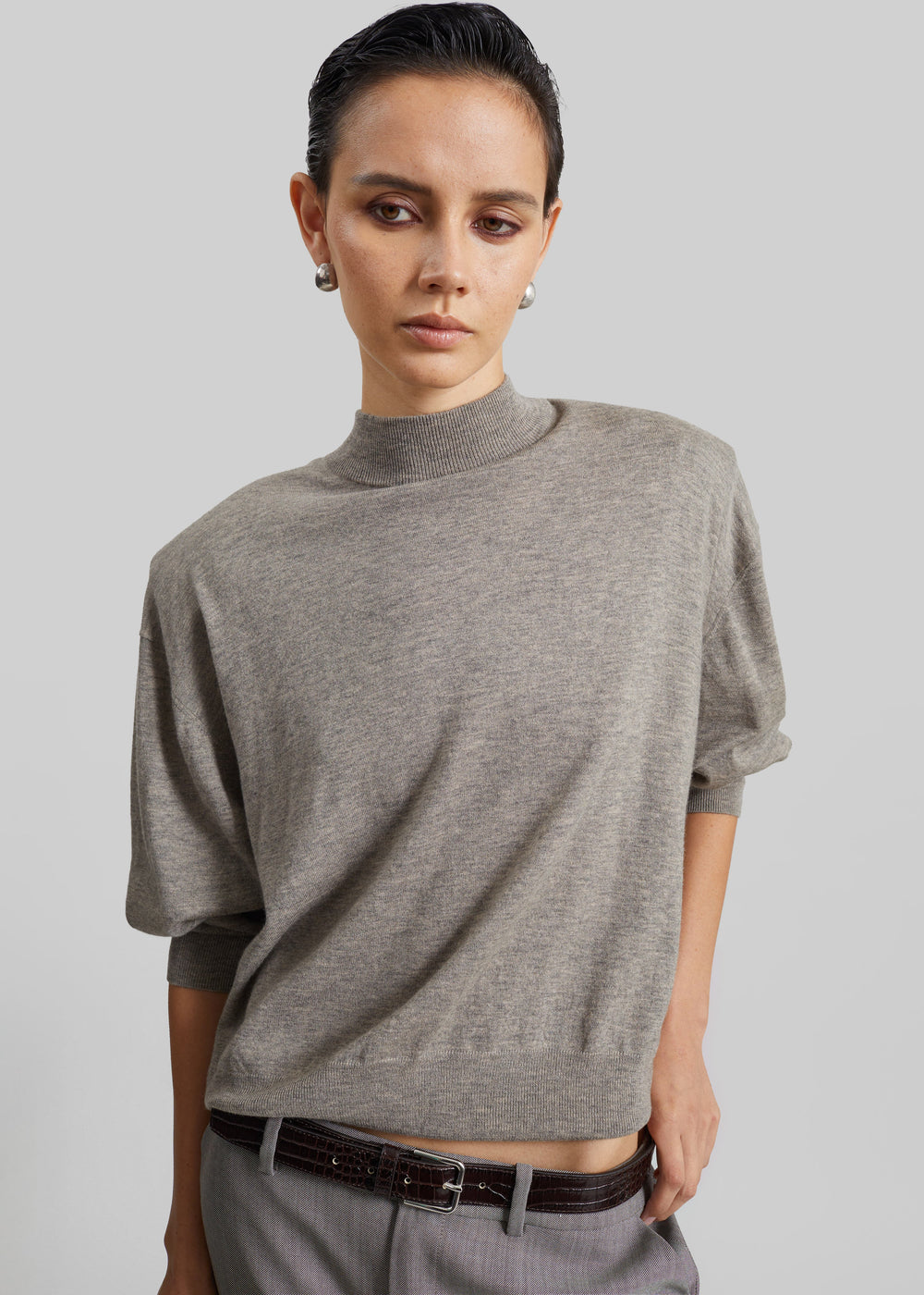 Rue Padded High Neck Sweater - Taupe Melange