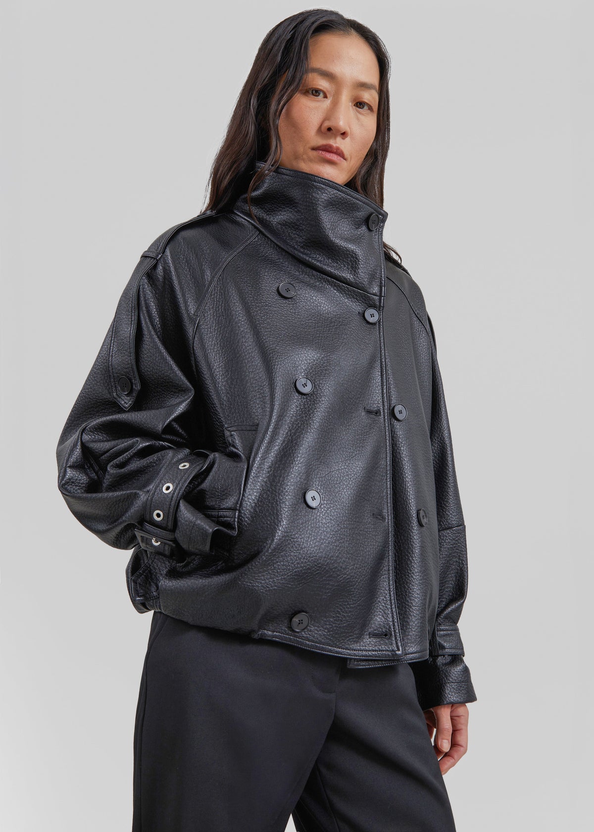 Rufina Double Breasted Faux Leather Jacket - Black