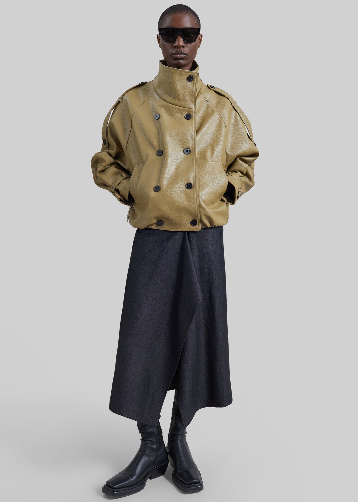 Rufina Double Breasted Faux Leather Jacket - Pale Olive