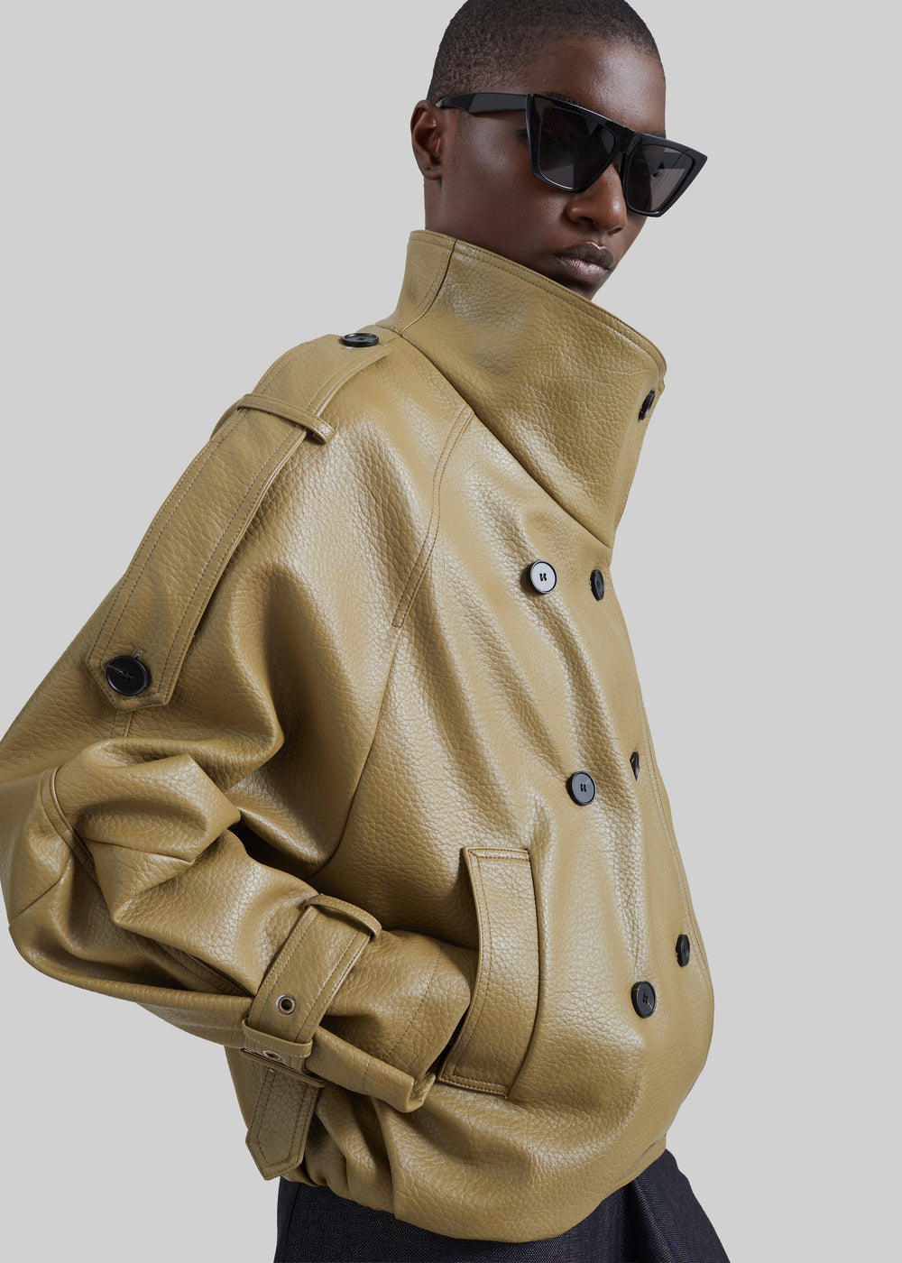 Rufina Double Breasted Faux Leather Jacket - Pale Olive - 1