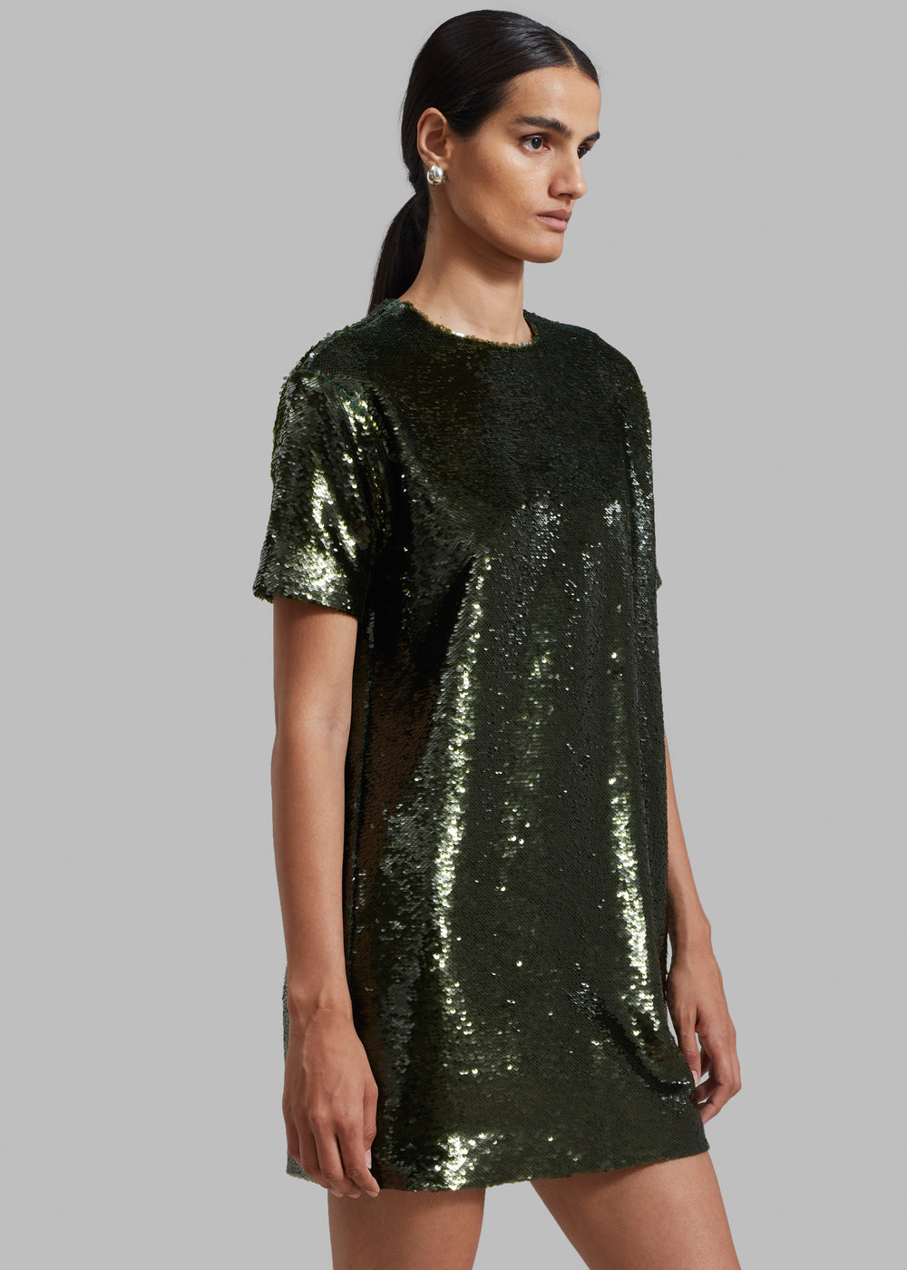 Riley Sequins Tee Mini Dress - Olive - 1