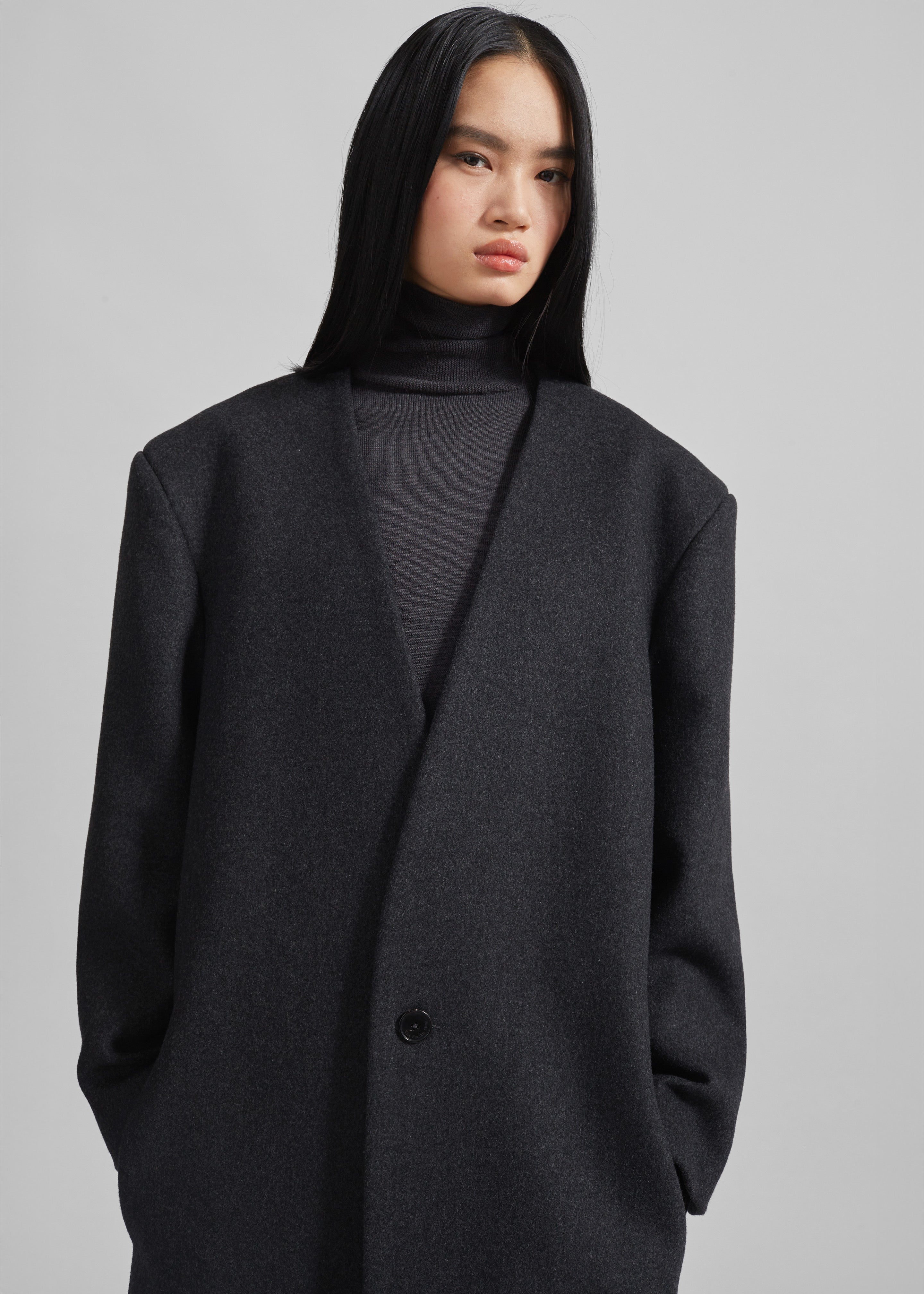 Sabel Collarless Wool Coat - Dark Grey Melange - 3