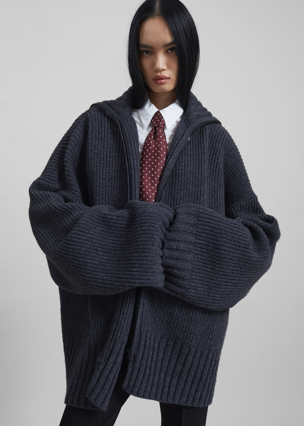 Saclay Oversized Zip-Up Cardigan - Charcoal - 1