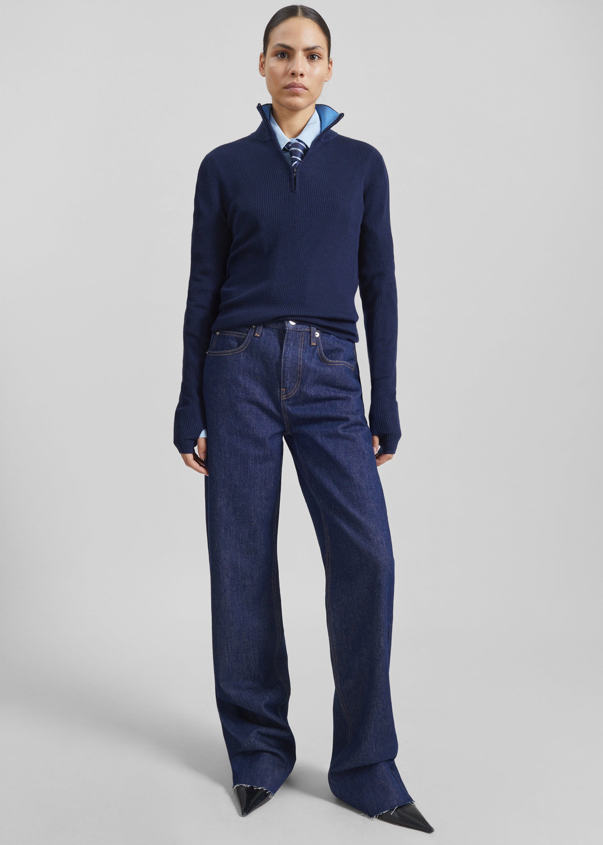 Shop the look image for Sade Knit Zip Sweater - Dark Navy/Light Blue