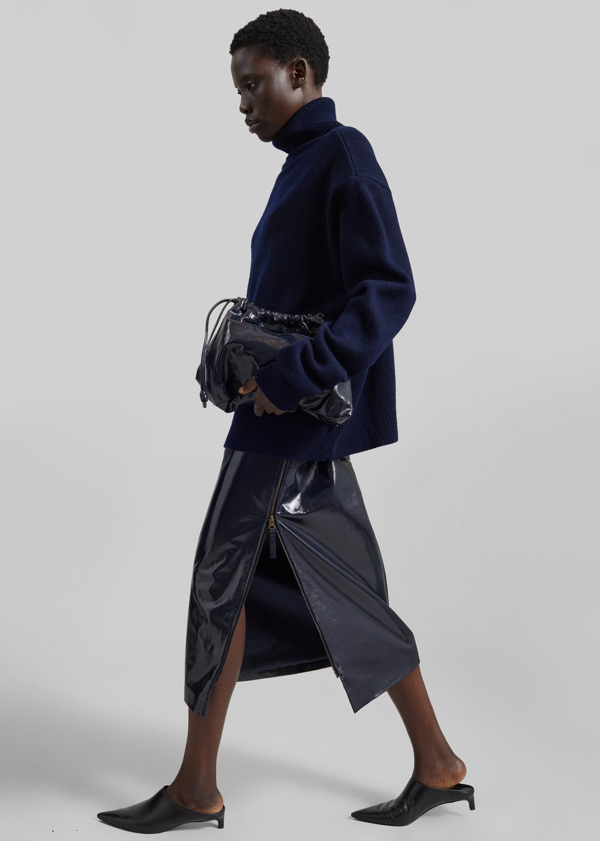 Samantha Crackled Faux Leather Zip Skirt - Dark Navy