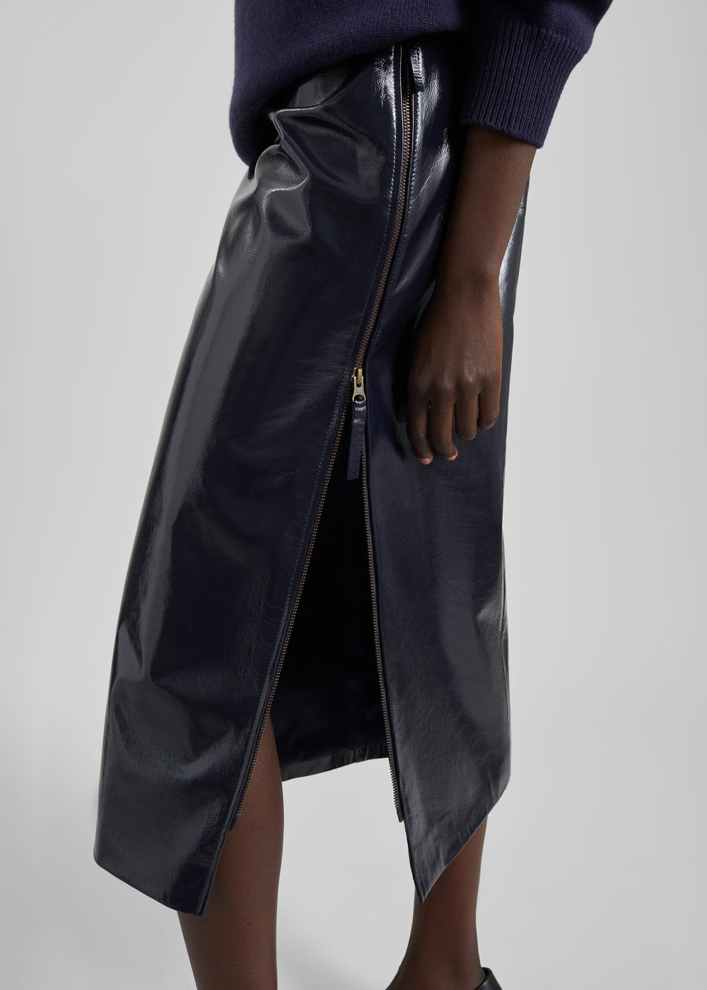 Samantha Crackled Faux Leather Zip Skirt - Dark Navy