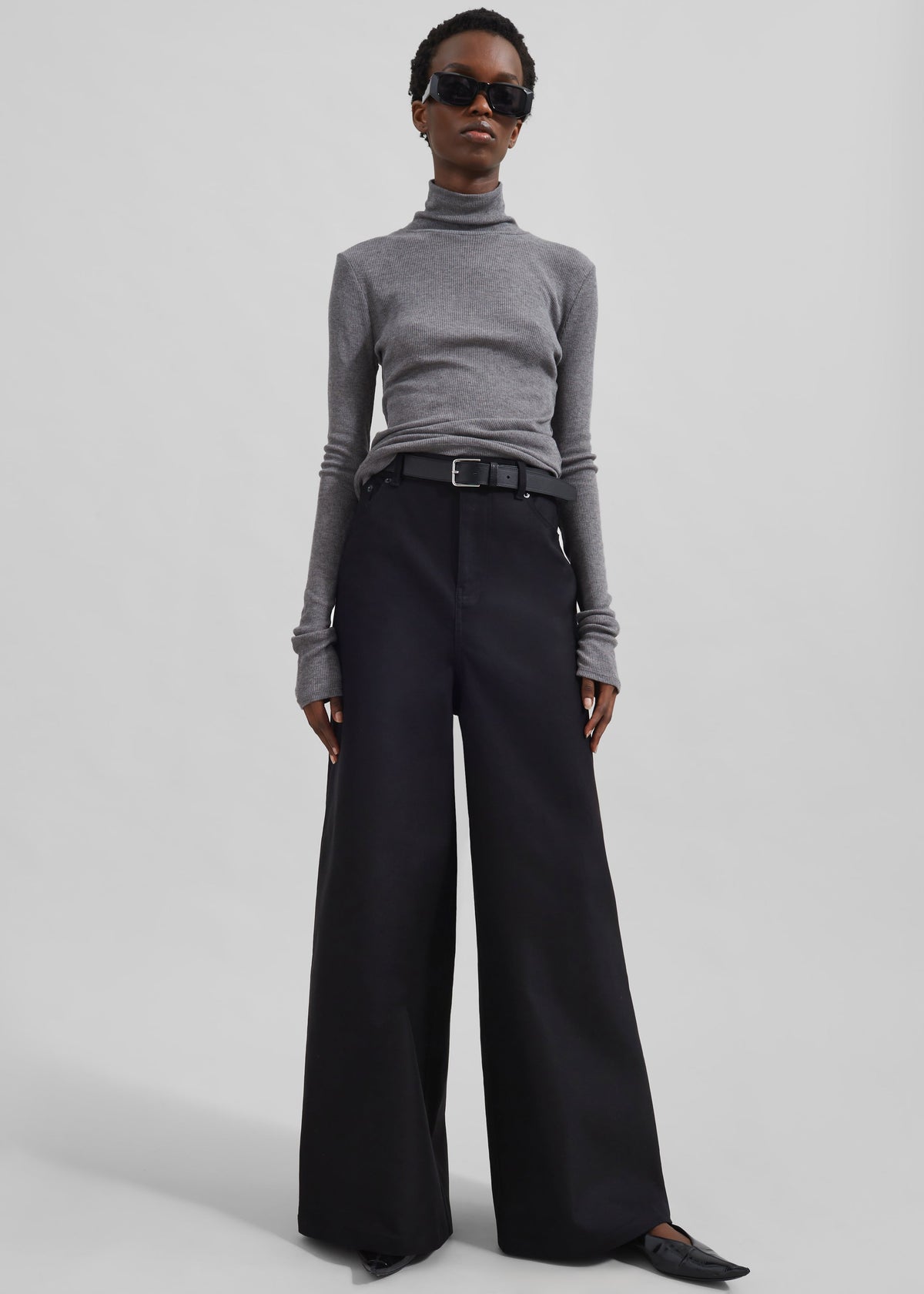 Sasha Wide Leg Twill Pants - Black - 2