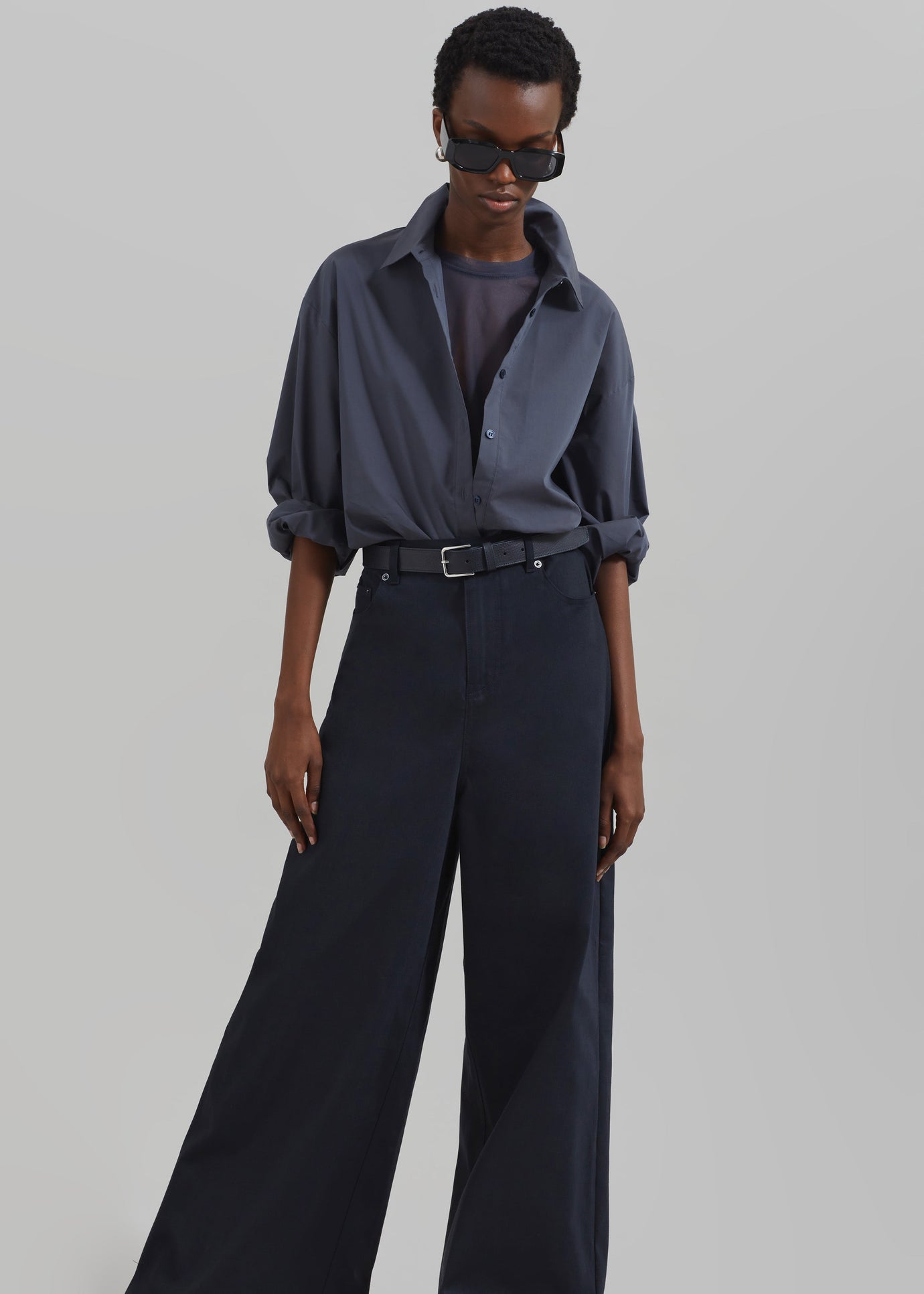 Sasha Wide Leg Twill Pants - Navy - 1