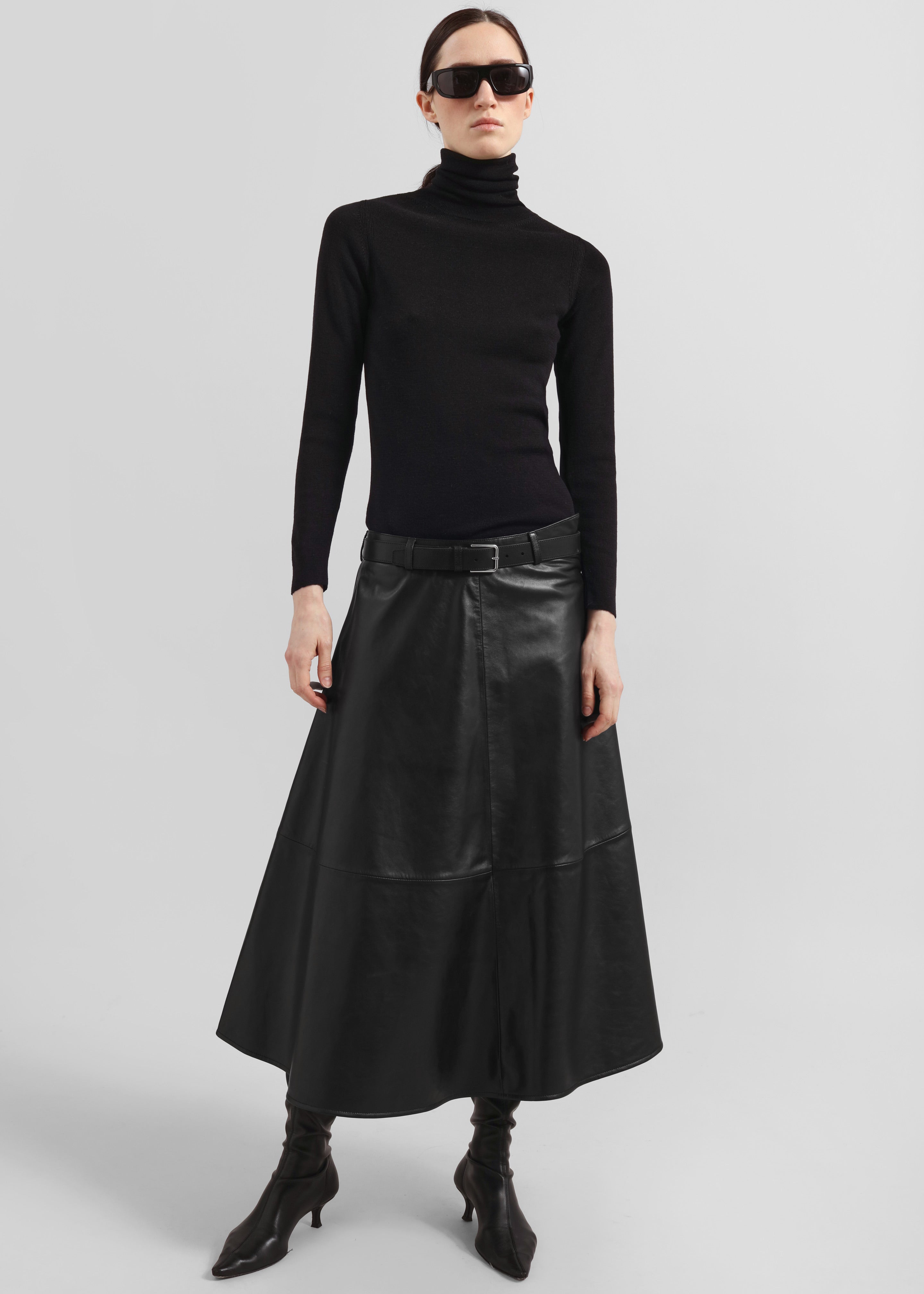 Savil Leather Midi Skirt - Black - 4