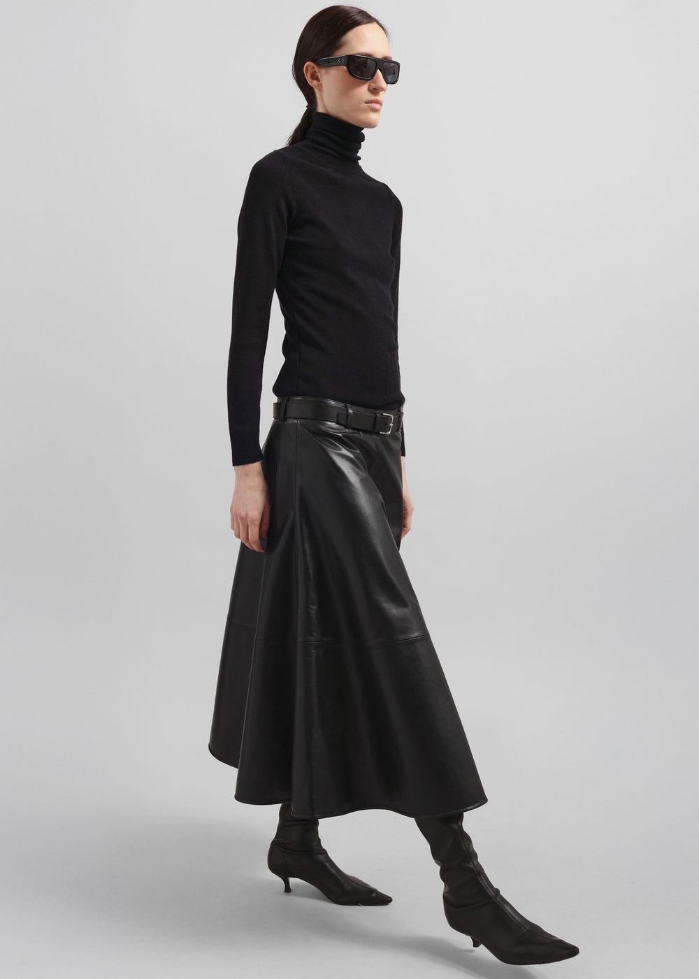 Savil Leather Midi Skirt - Black - 1