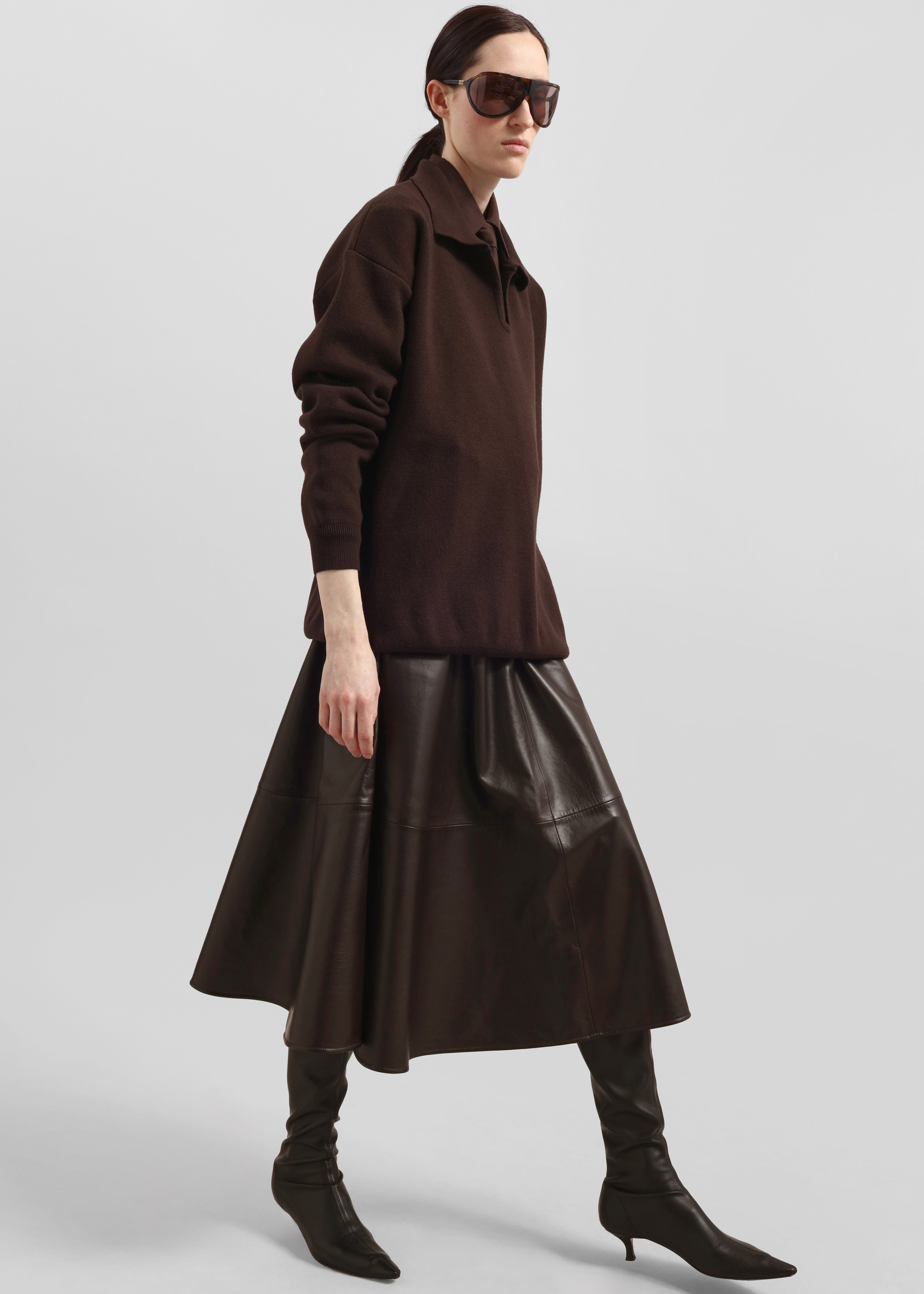 Savil Leather Midi Skirt - Dark Brown - 4