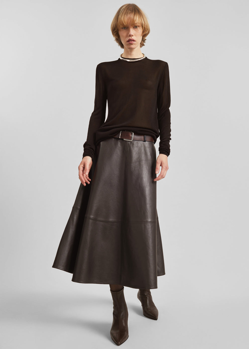 Savil Leather Midi Skirt - Dark Brown