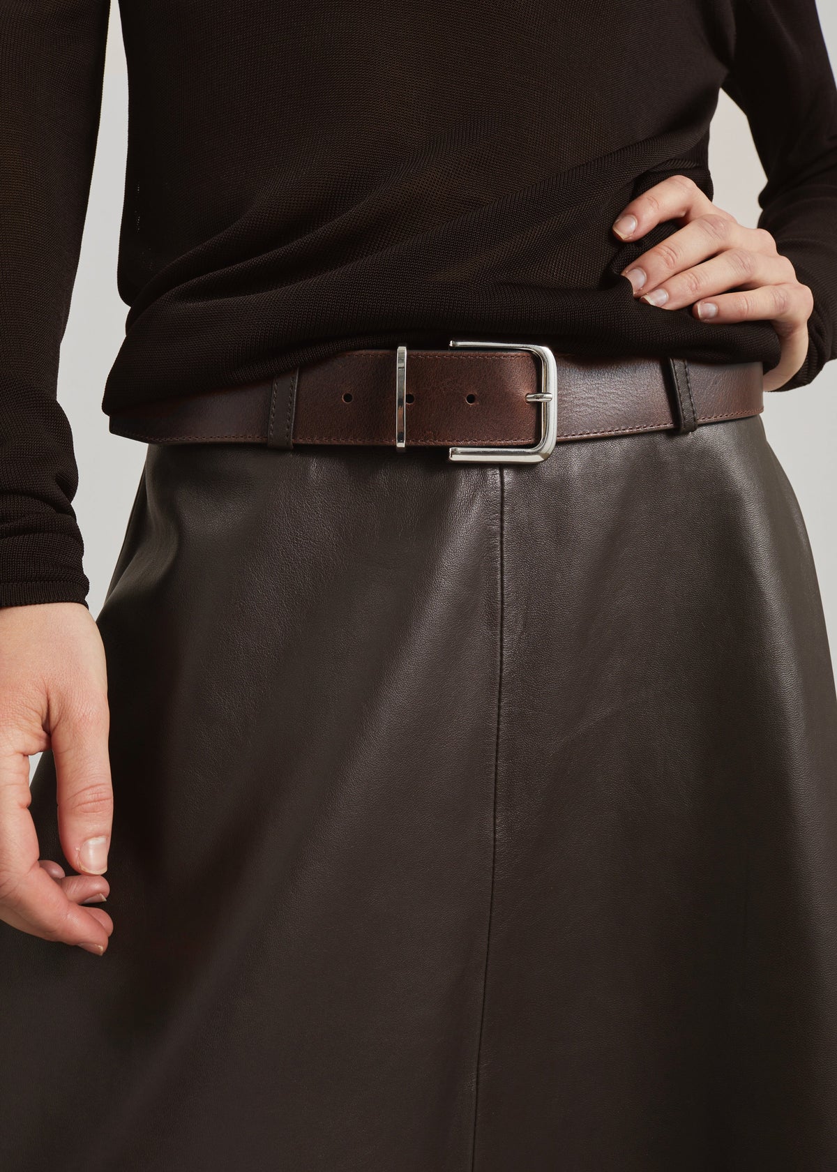 Savil Leather Midi Skirt - Dark Brown - 5