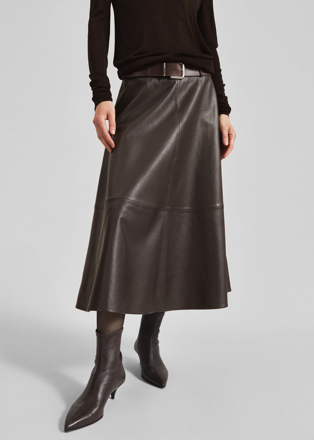 Savil Leather Midi Skirt - Dark Brown - 1