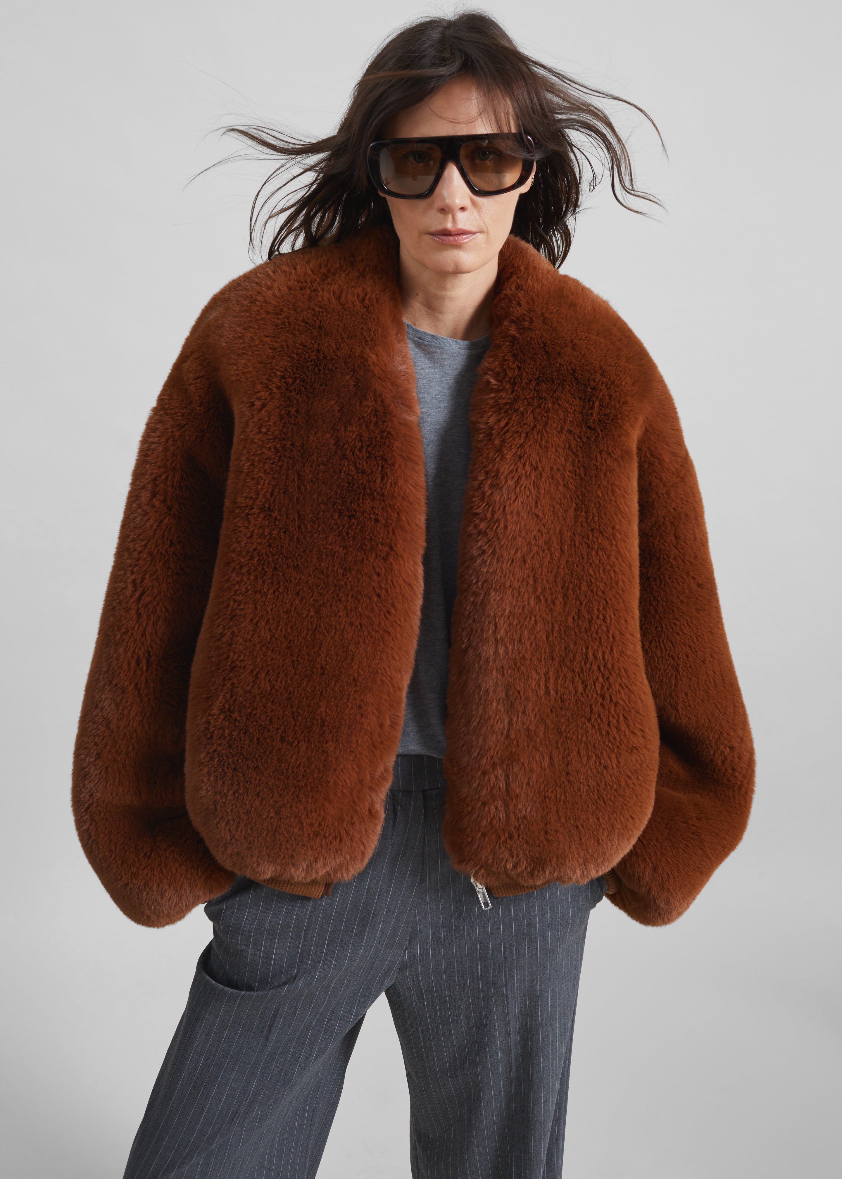 Senna Faux Fur Collarless Jacket - Bronze - 1