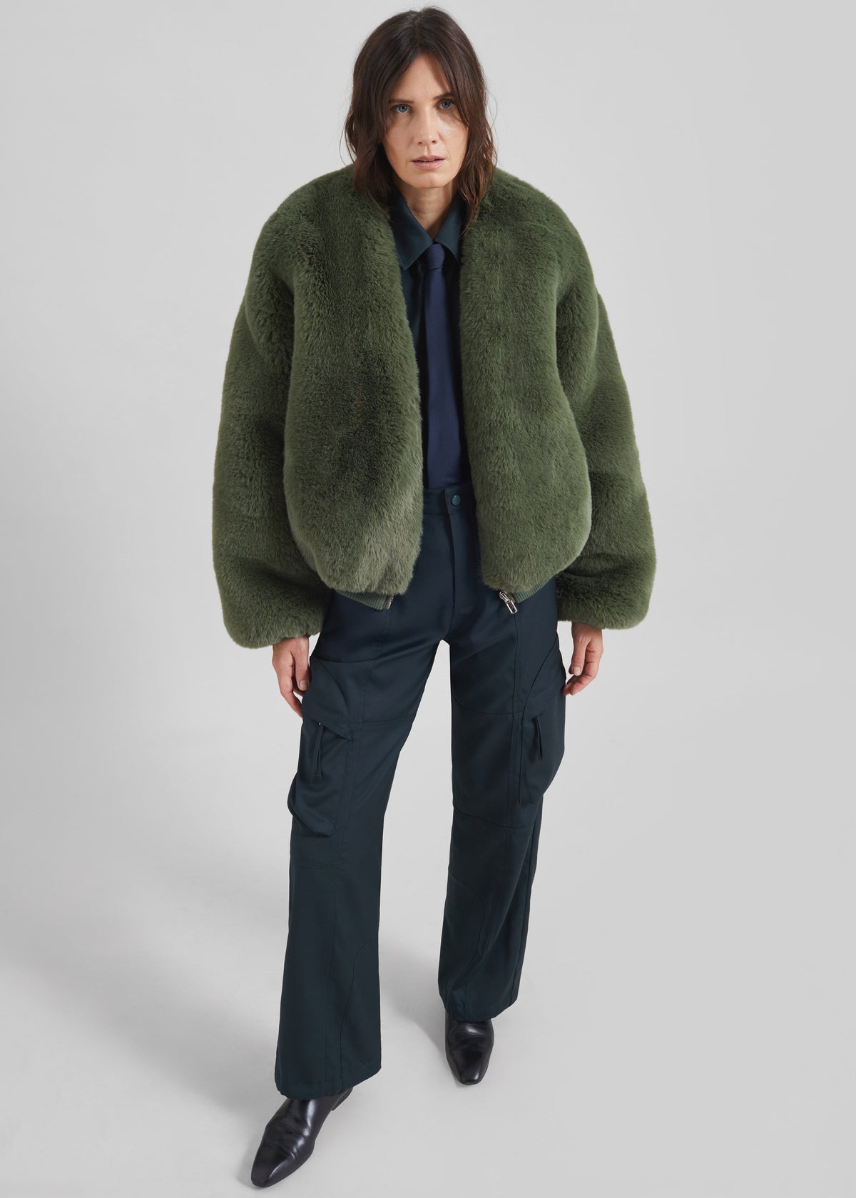 Senna Faux Fur Collarless Jacket - Moss Green - 2