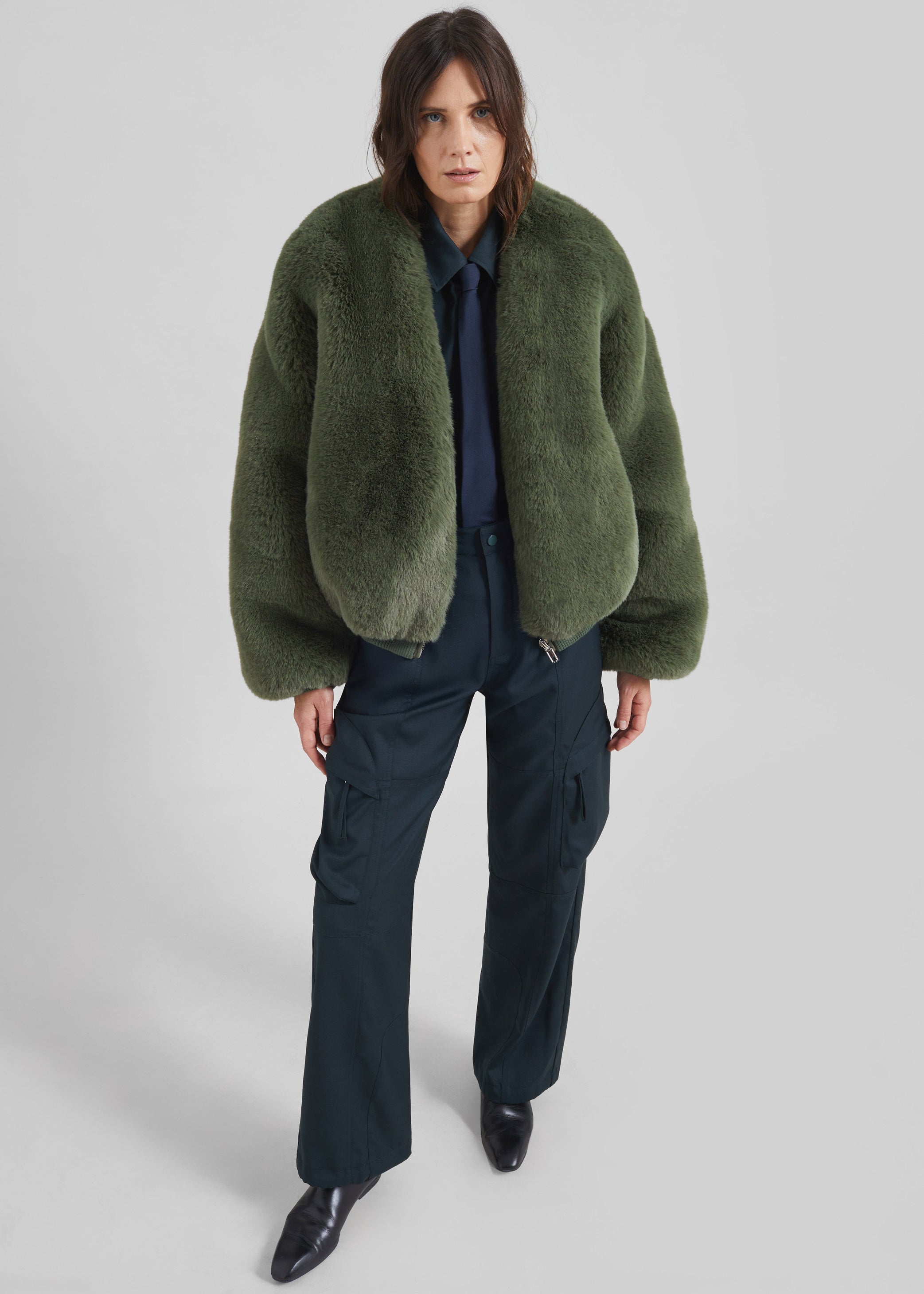 Shop the look image for Senna Faux Fur Collarless Jacket - Moss Green