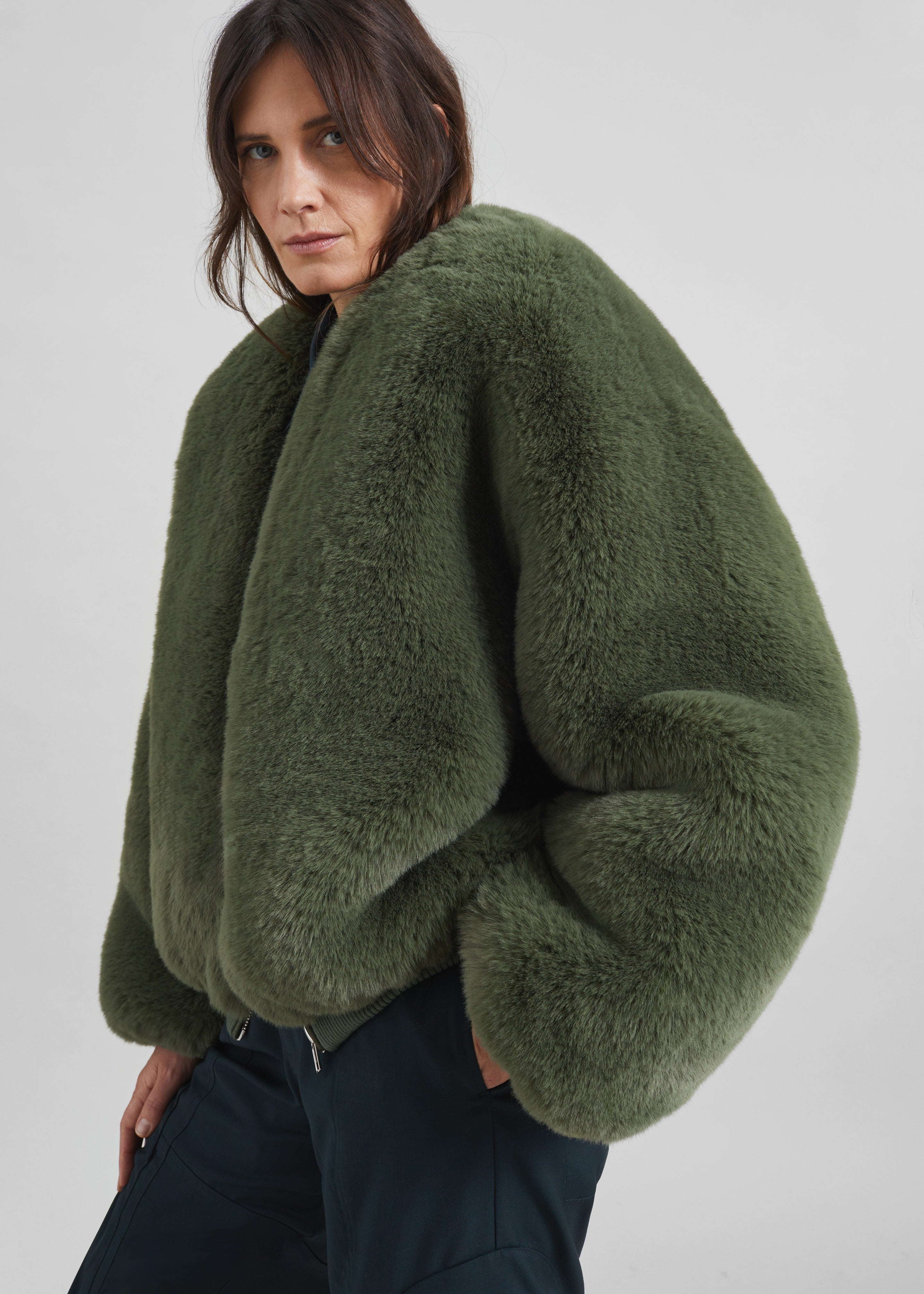 Senna Faux Fur Collarless Jacket - Moss Green - 5