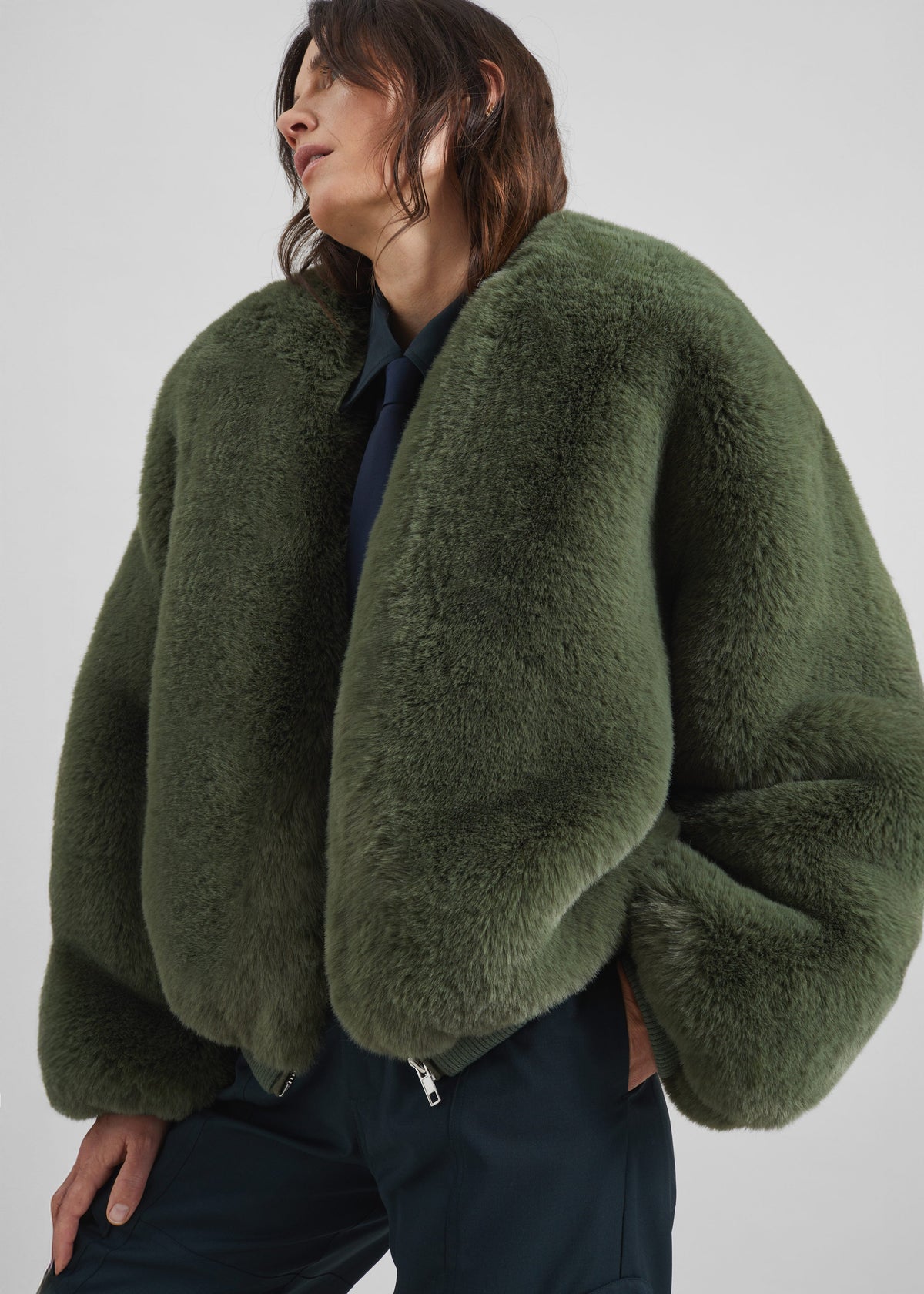 Senna Faux Fur Collarless Jacket - Moss Green - 3