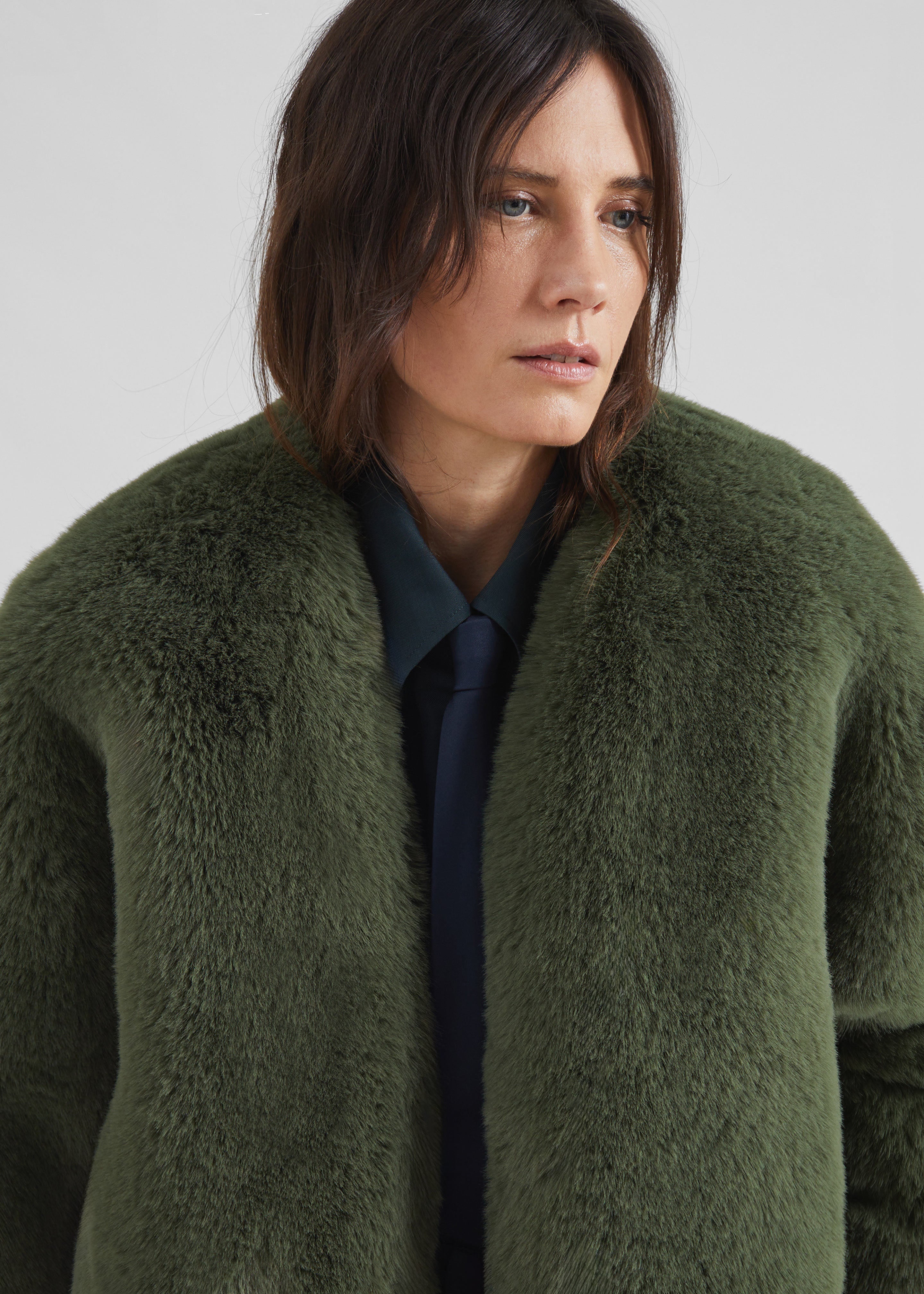 Senna Faux Fur Collarless Jacket - Moss Green - 4