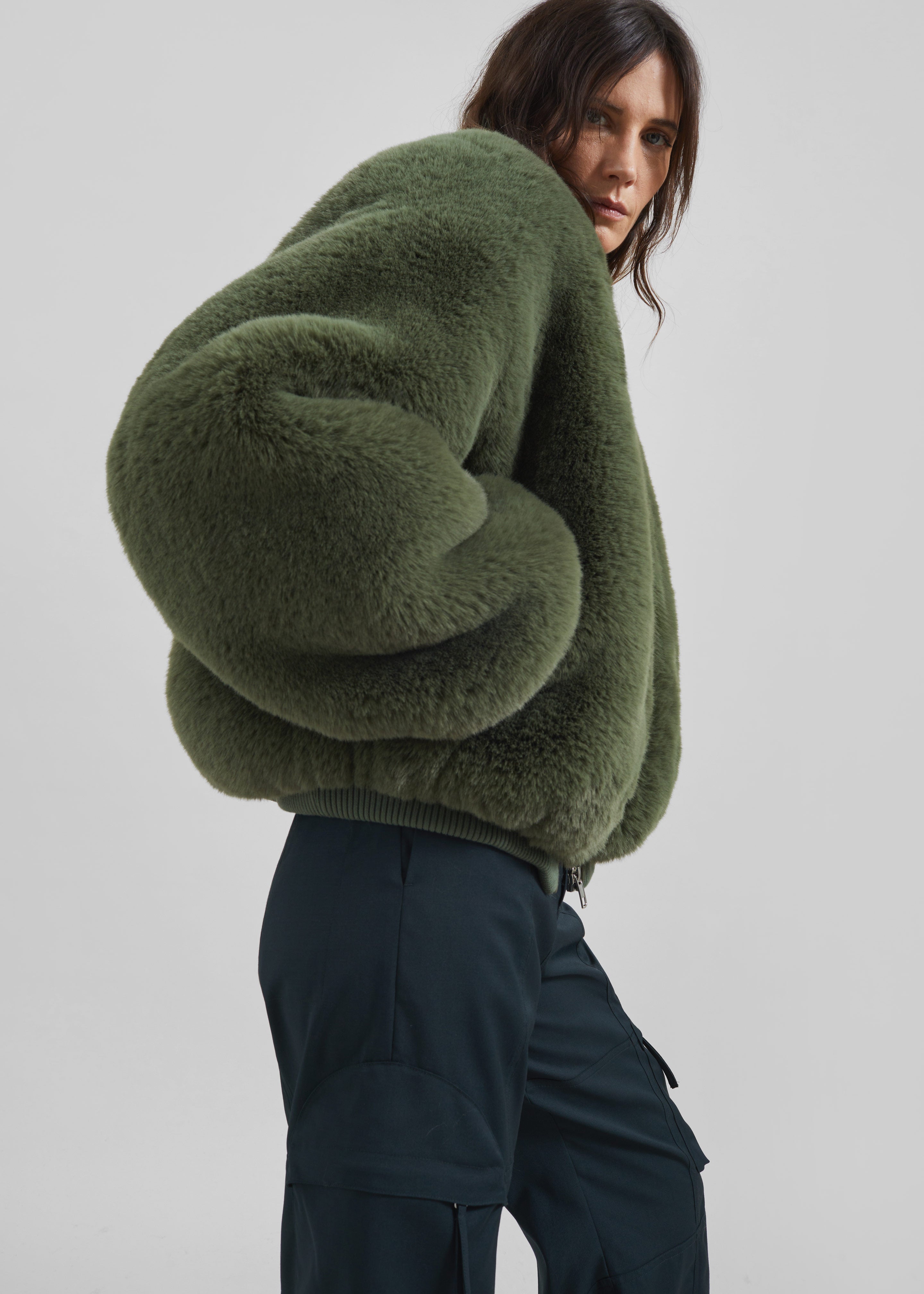 Senna Faux Fur Collarless Jacket - Moss Green - 1