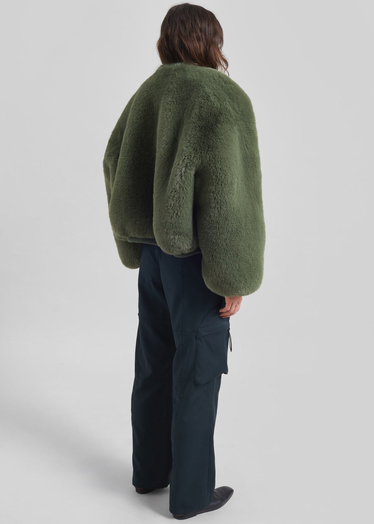 Senna Faux Fur Collarless Jacket - Moss Green
