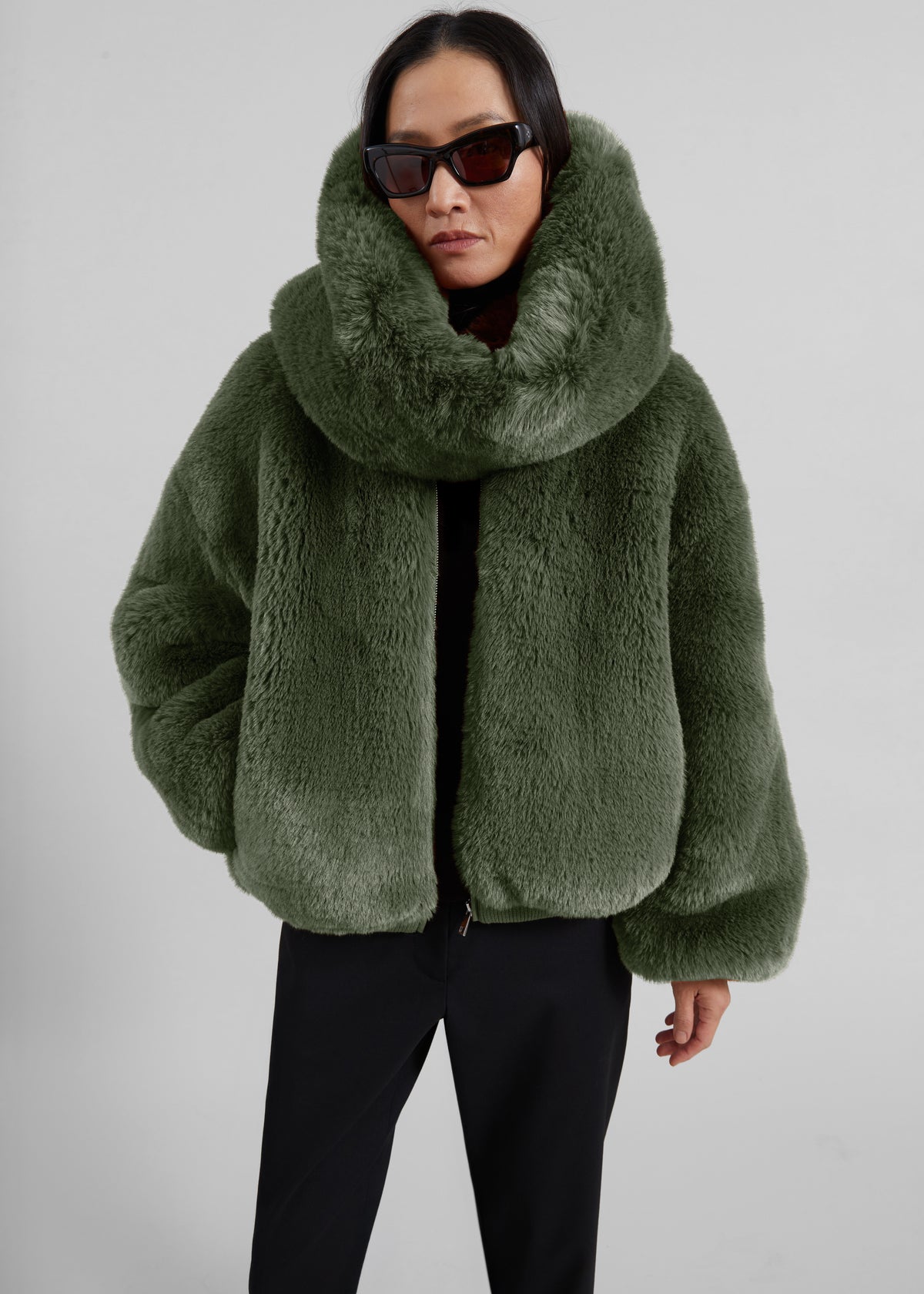 Senna Faux Fur Collarless Jacket - Moss Green