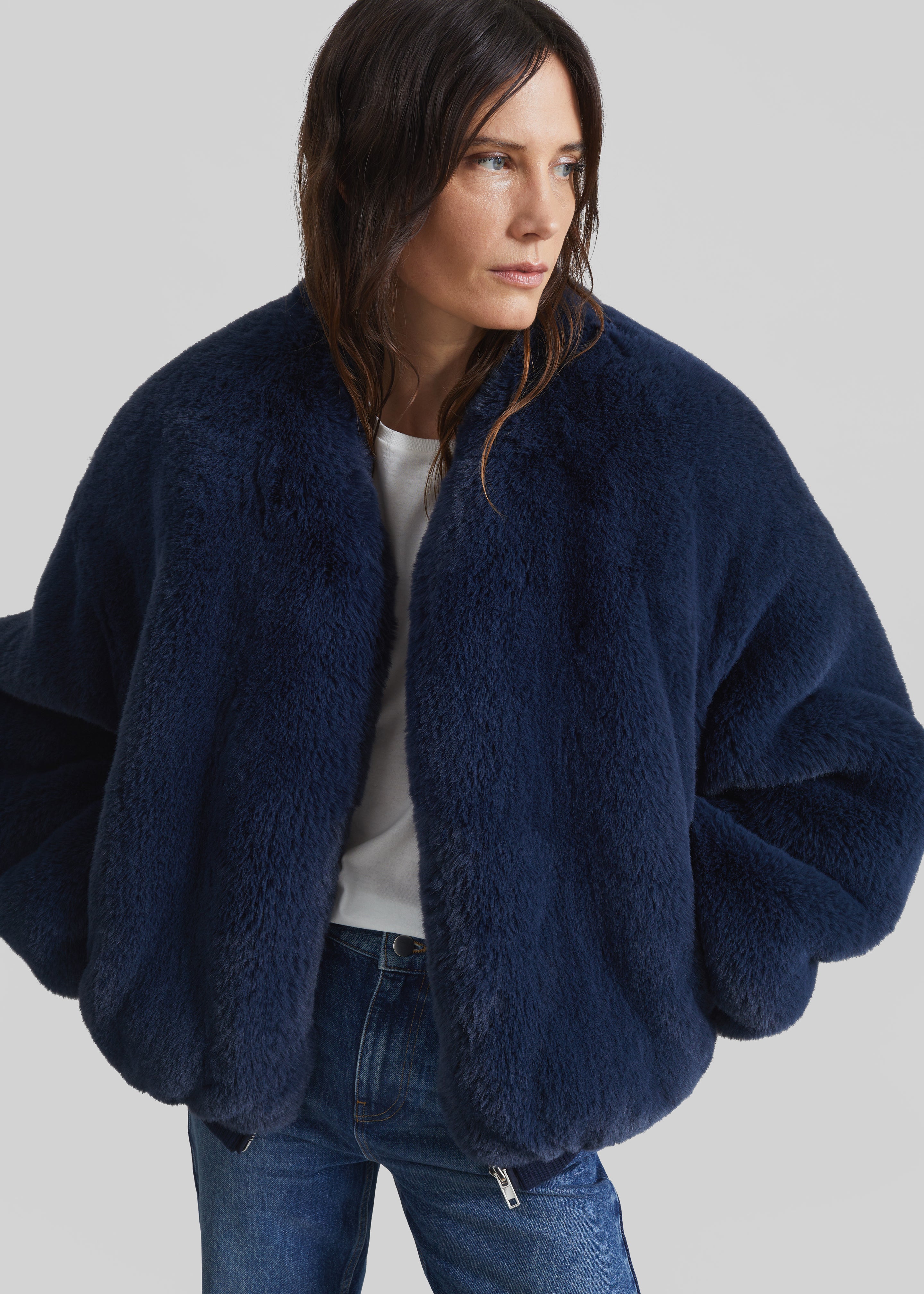 Senna Faux Fur Collarless Jacket - Navy - 3