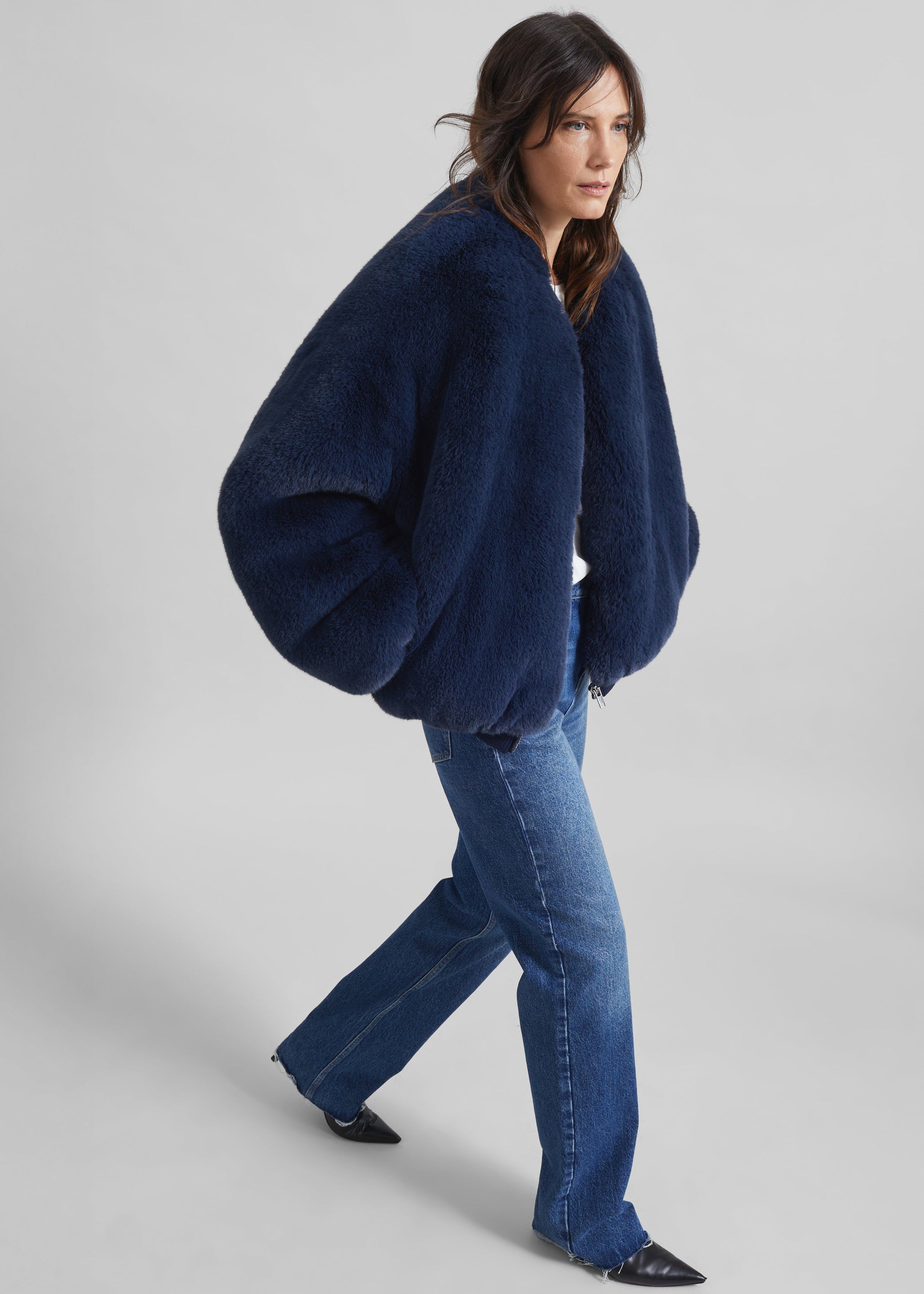 Shop the look image for Senna Faux Fur Collarless Jacket - Navy