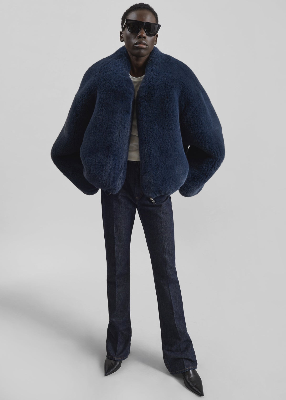 Senna Faux Fur Collarless Jacket - Navy - 5