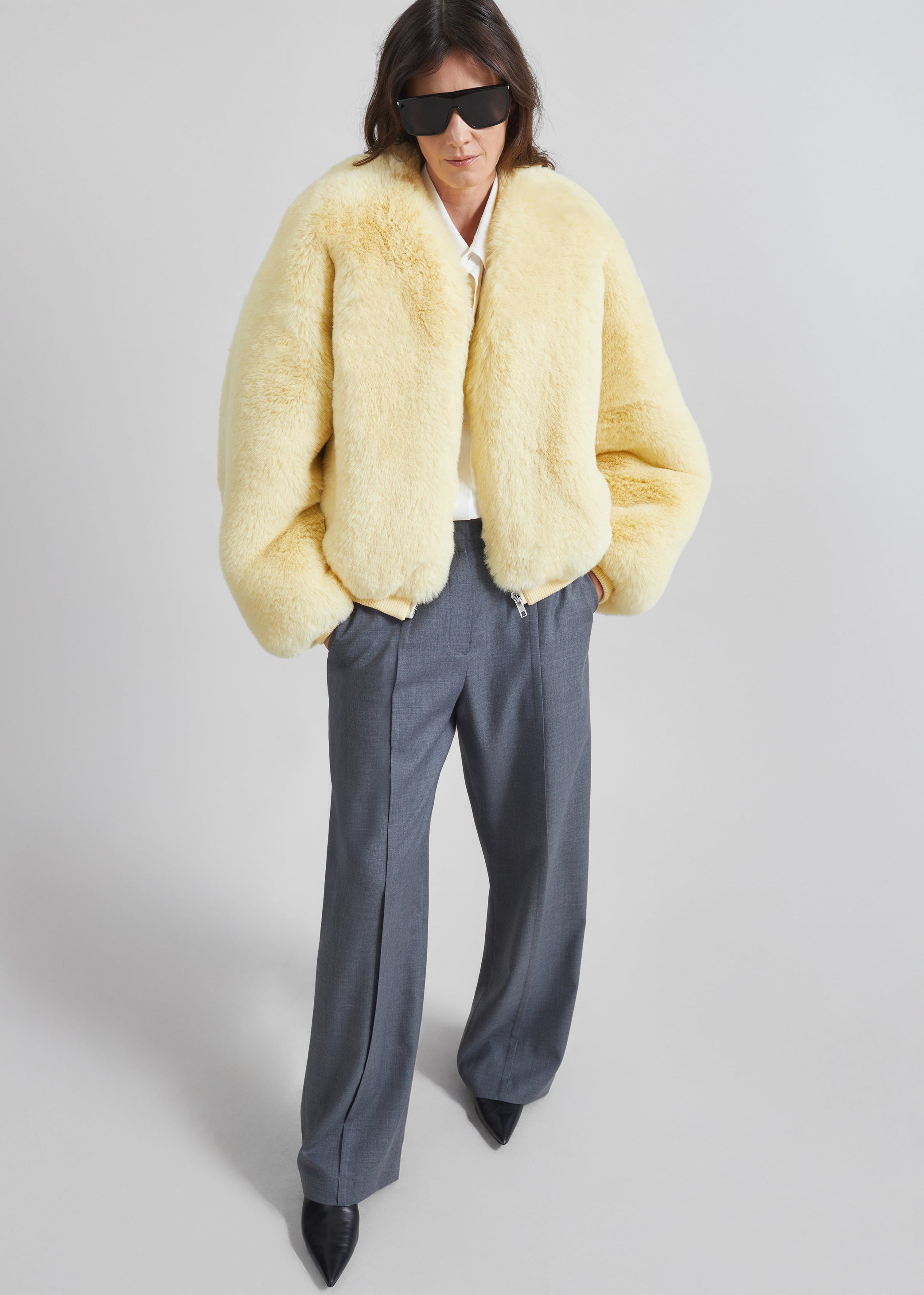 Shop the look image for Senna Faux Fur Collarless Jacket - Pale Yellow