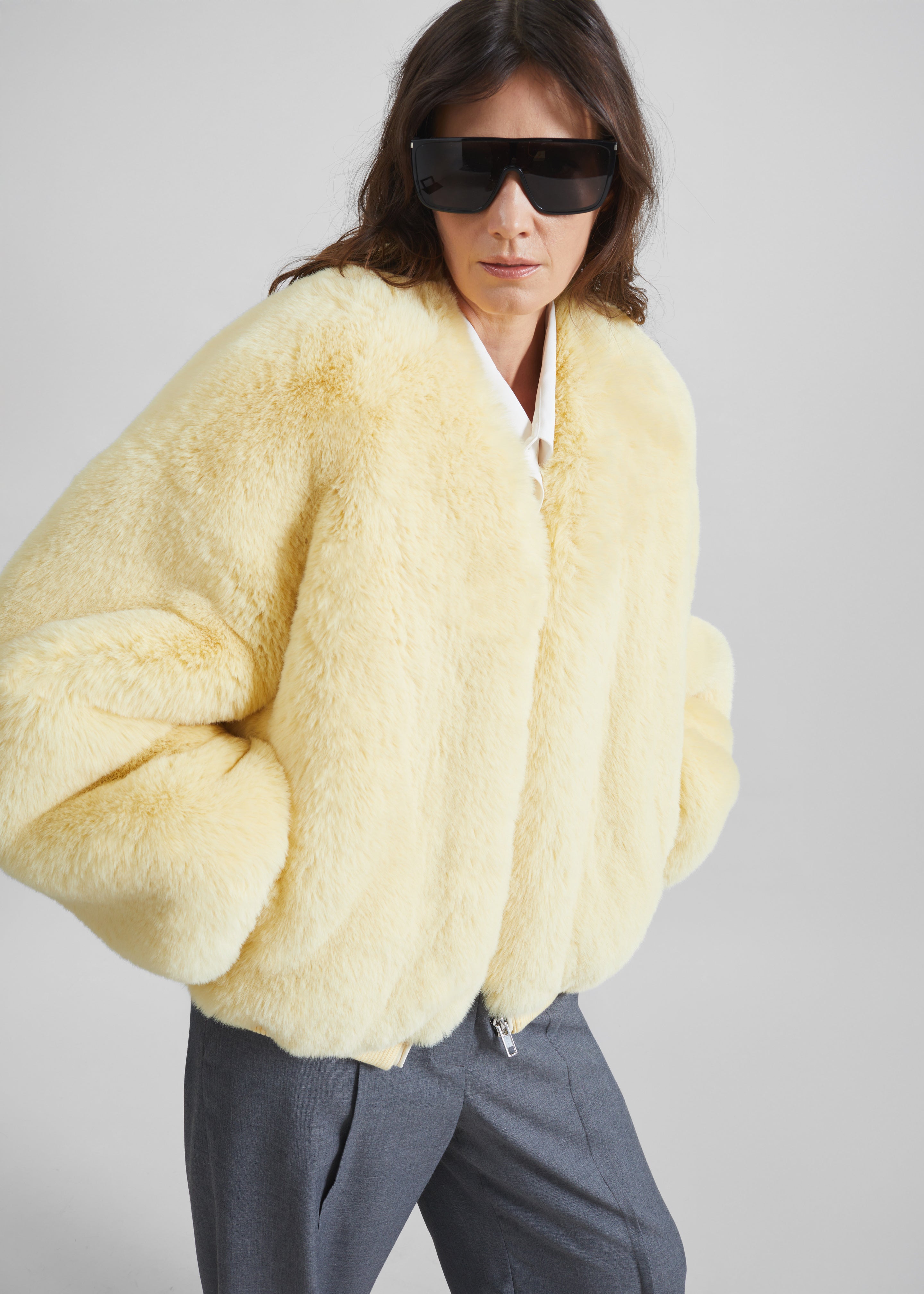 Senna Faux Fur Collarless Jacket - Pale Yellow - 4