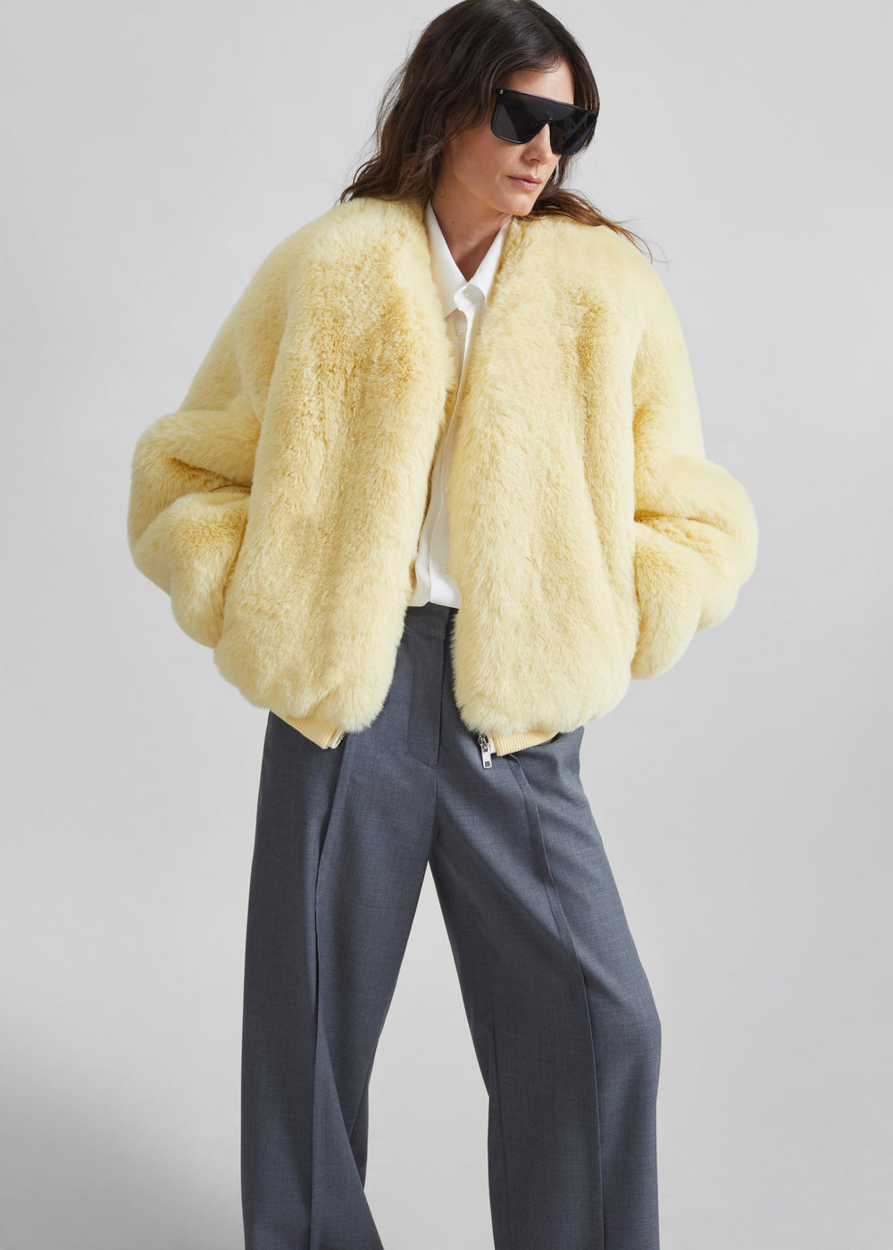 Senna Faux Fur Collarless Jacket - Pale Yellow - 1