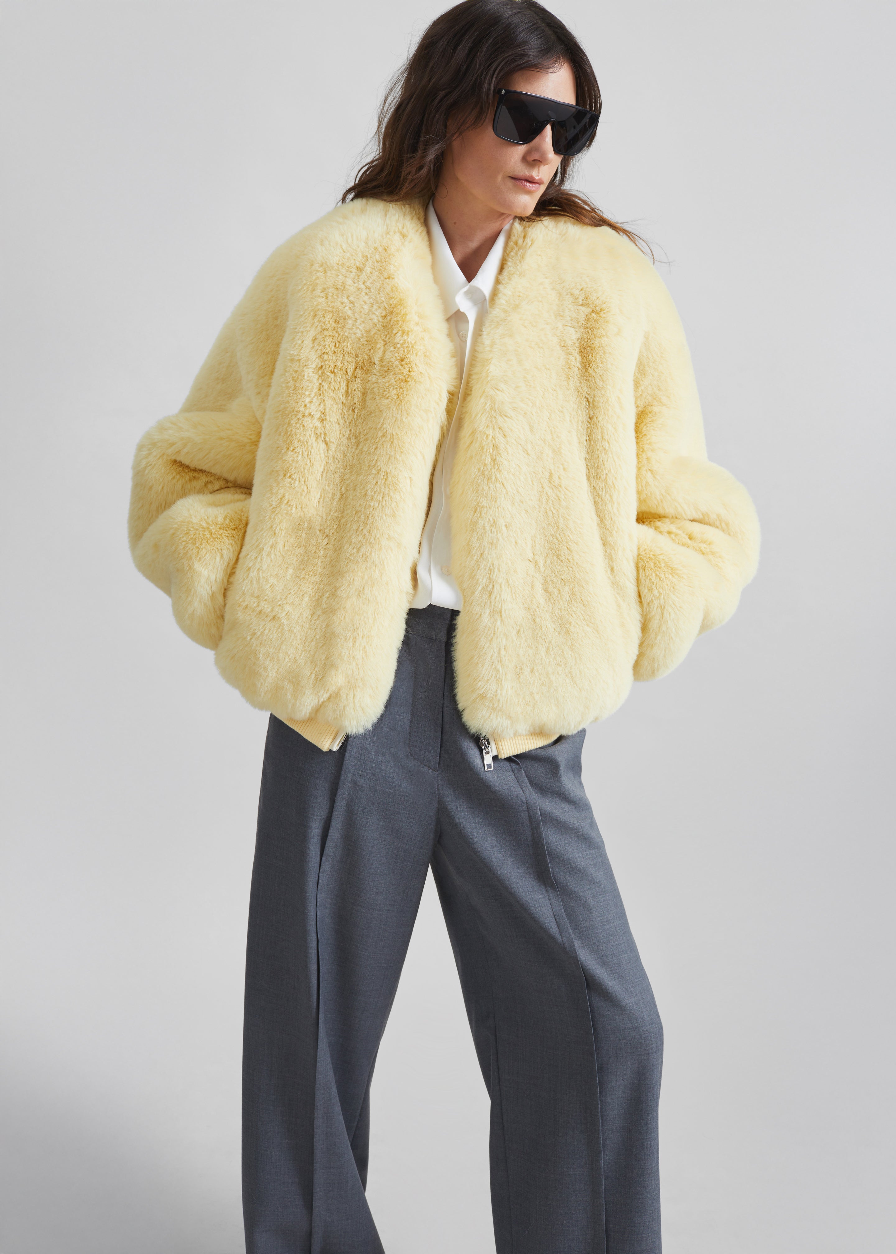 Senna Faux Fur Collarless Jacket - Pale Yellow - 2