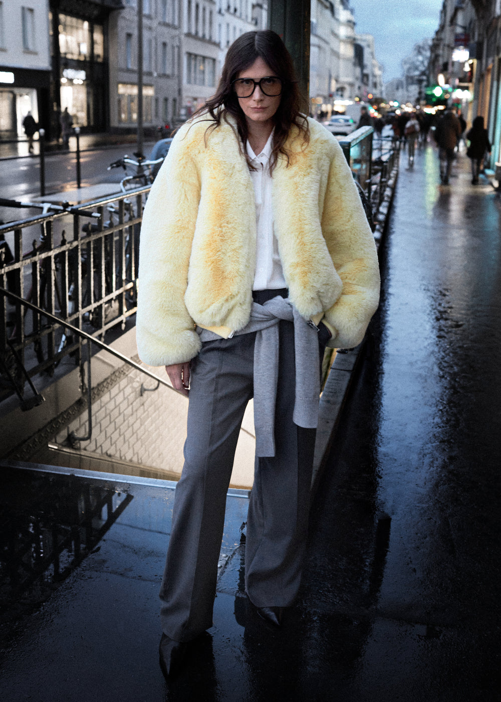 Senna Faux Fur Collarless Jacket - Pale Yellow