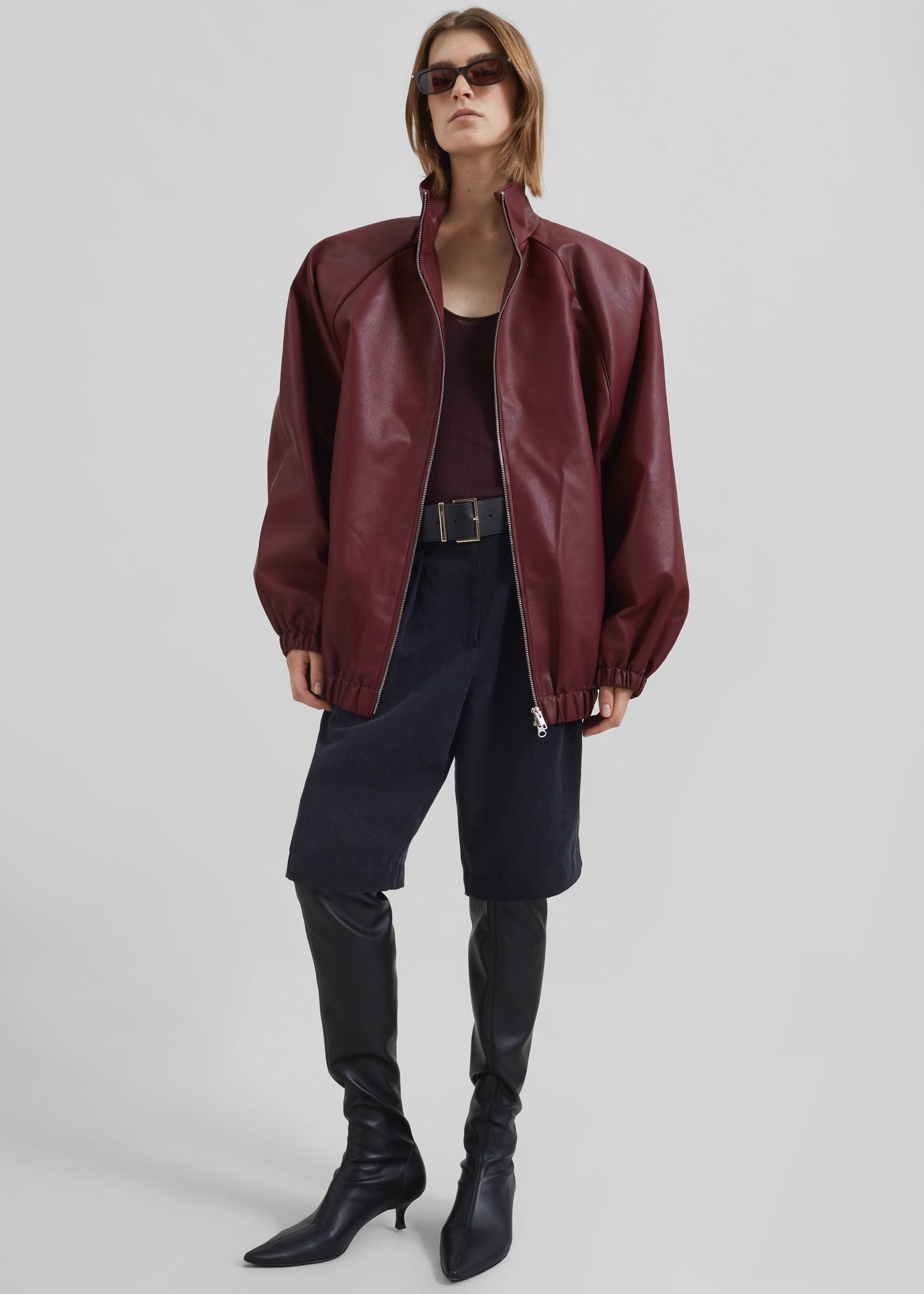 Senta Faux Leather Bomber - Burgundy - 1