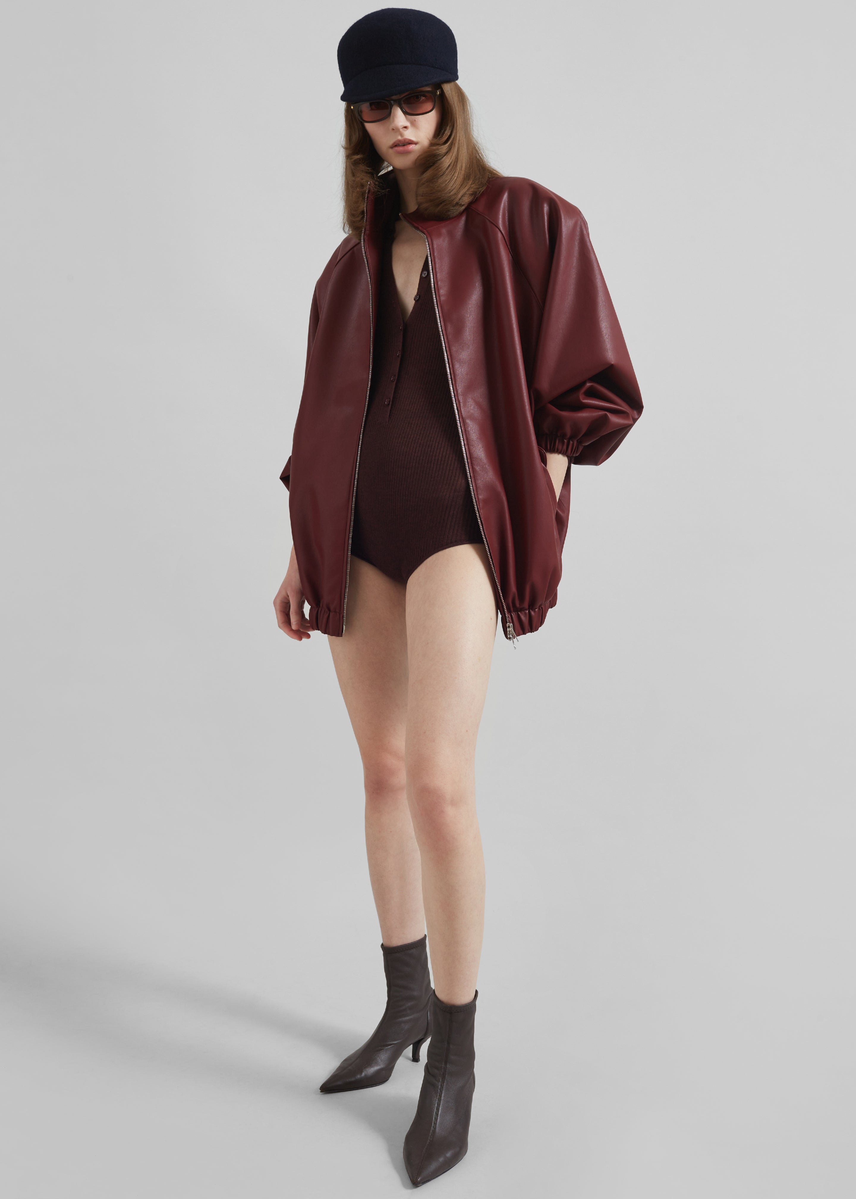 Senta Faux Leather Bomber - Burgundy - 5