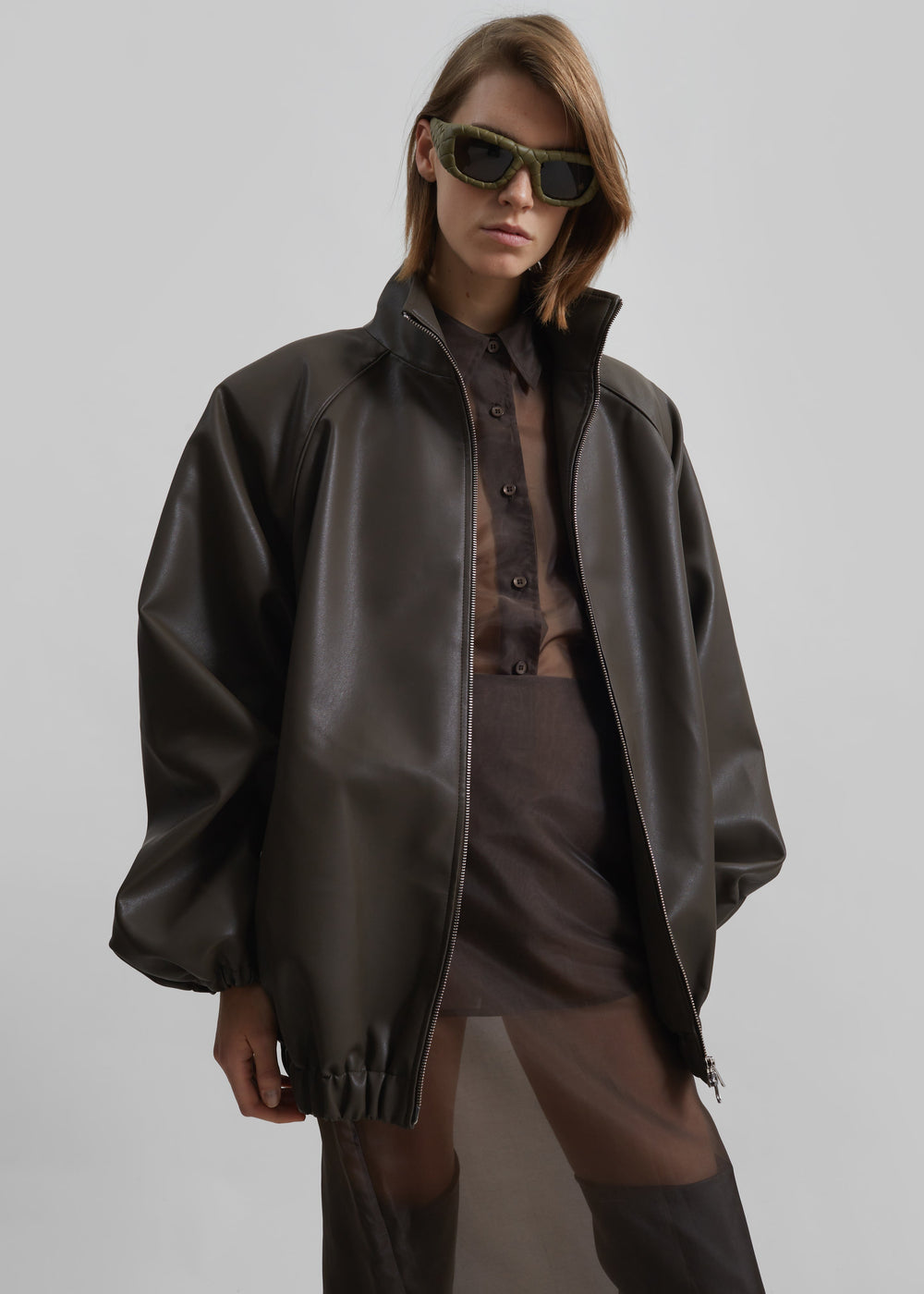 Senta Faux Leather Bomber - Khaki Brown