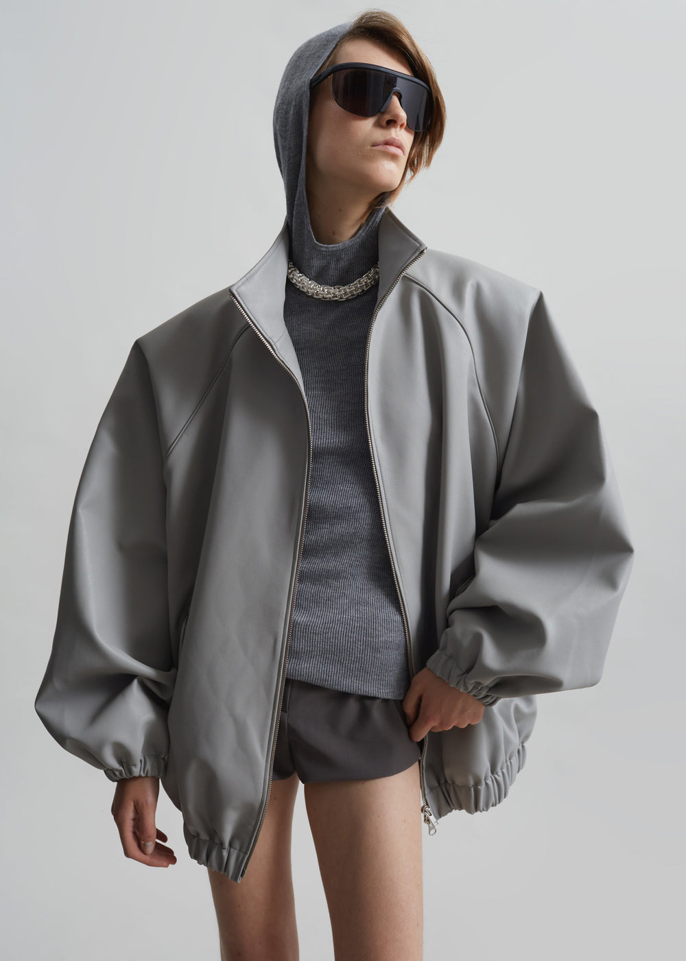 Senta Faux Leather Bomber - Light Grey