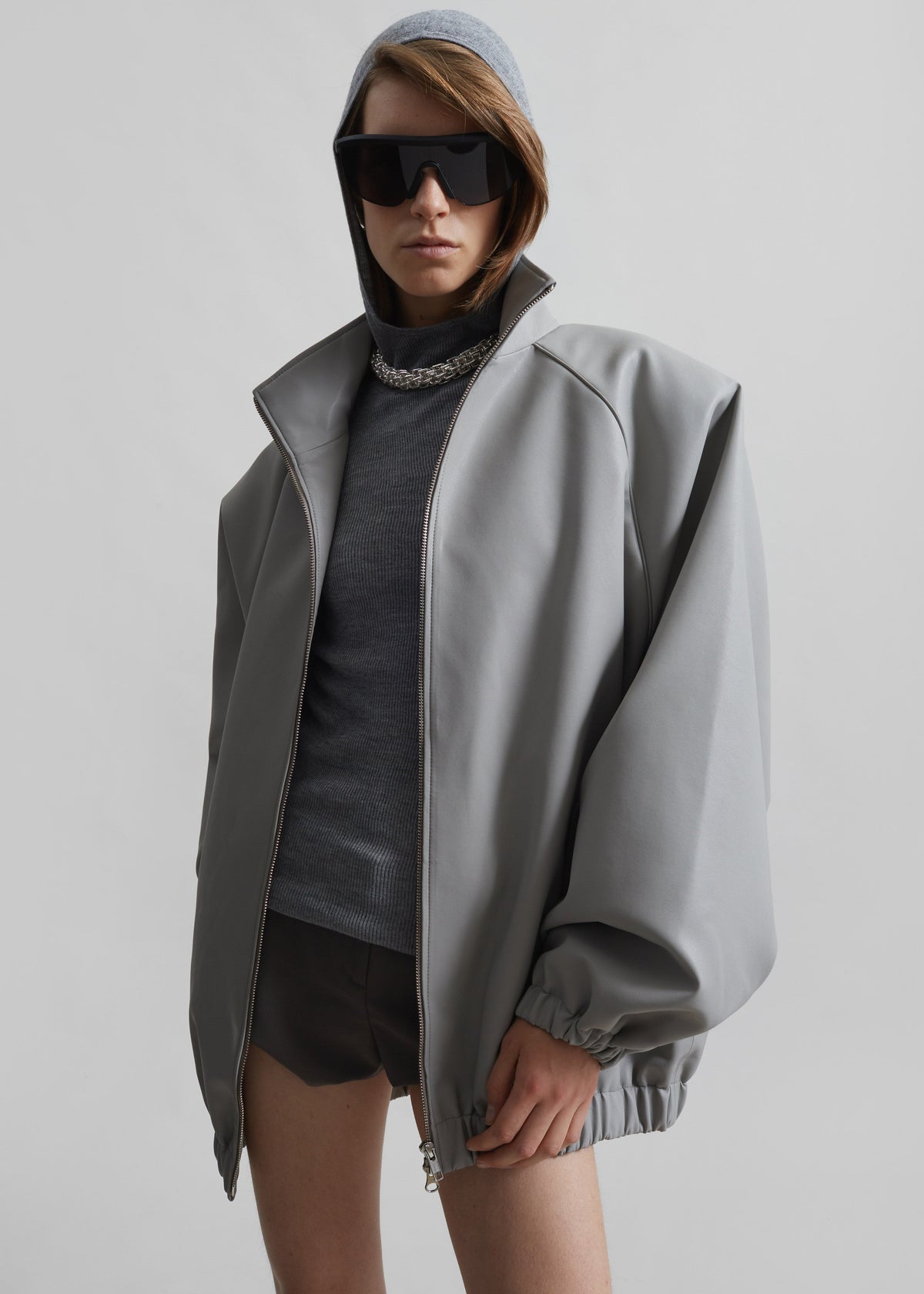 Senta Faux Leather Bomber - Light Grey - 5