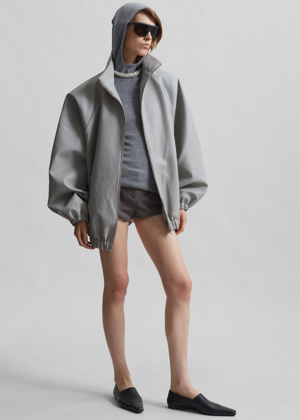 Senta Faux Leather Bomber - Light Grey - 1