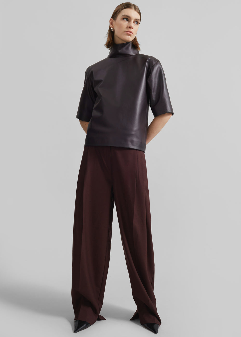 Shiloh Leather Mock Neck Top - Dark Plum