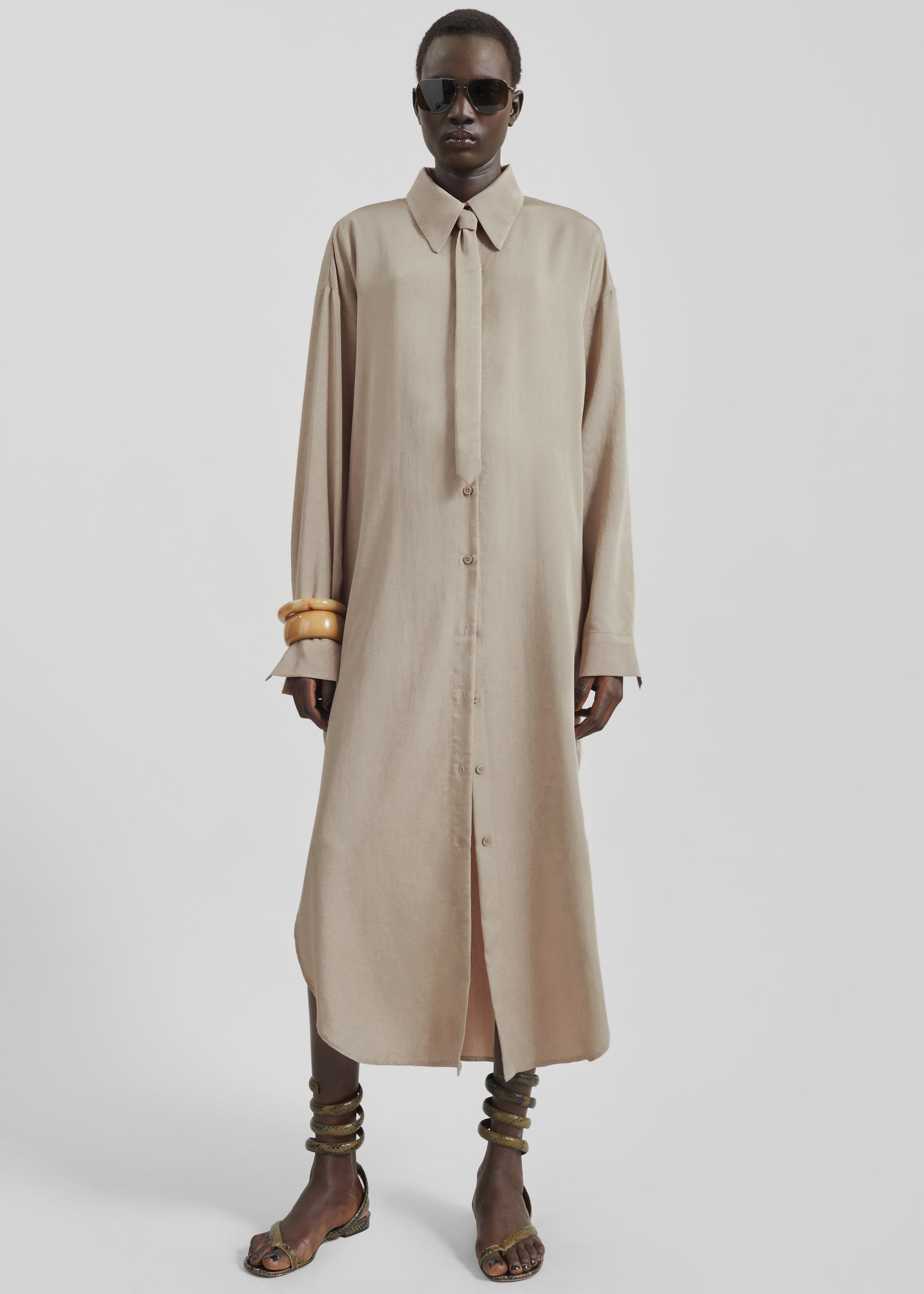 Shop the look image for Silvan Neck Tie Shirt Dress - Taupe